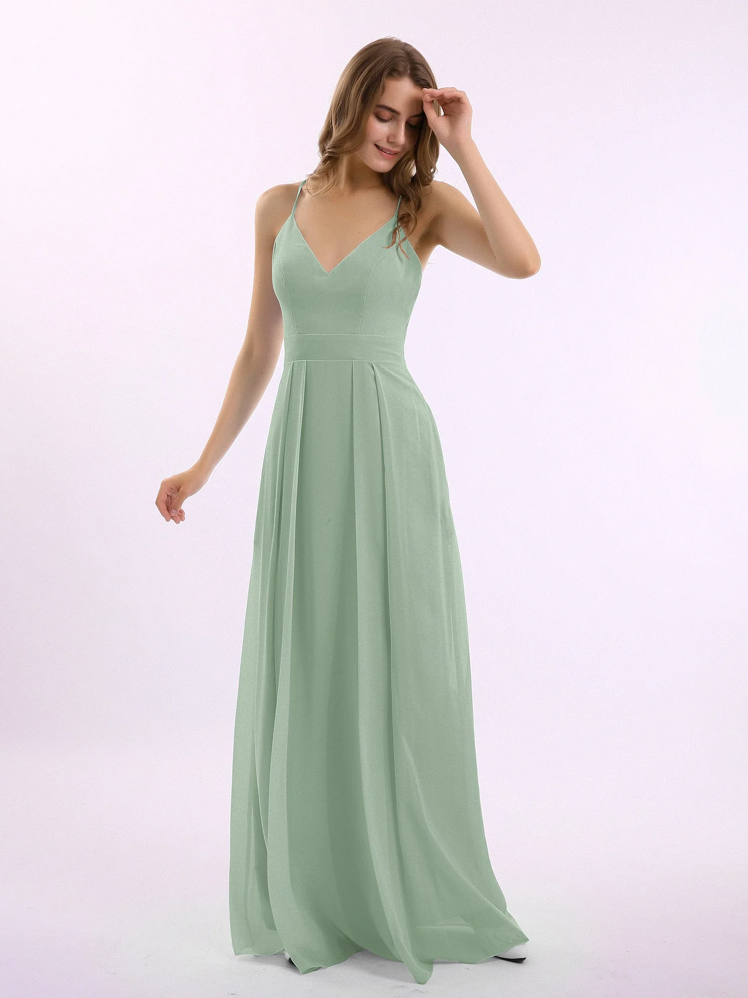Spaghetti Träger V-Ausschnitt Chiffon Kleid mit Säckel Agavengrün