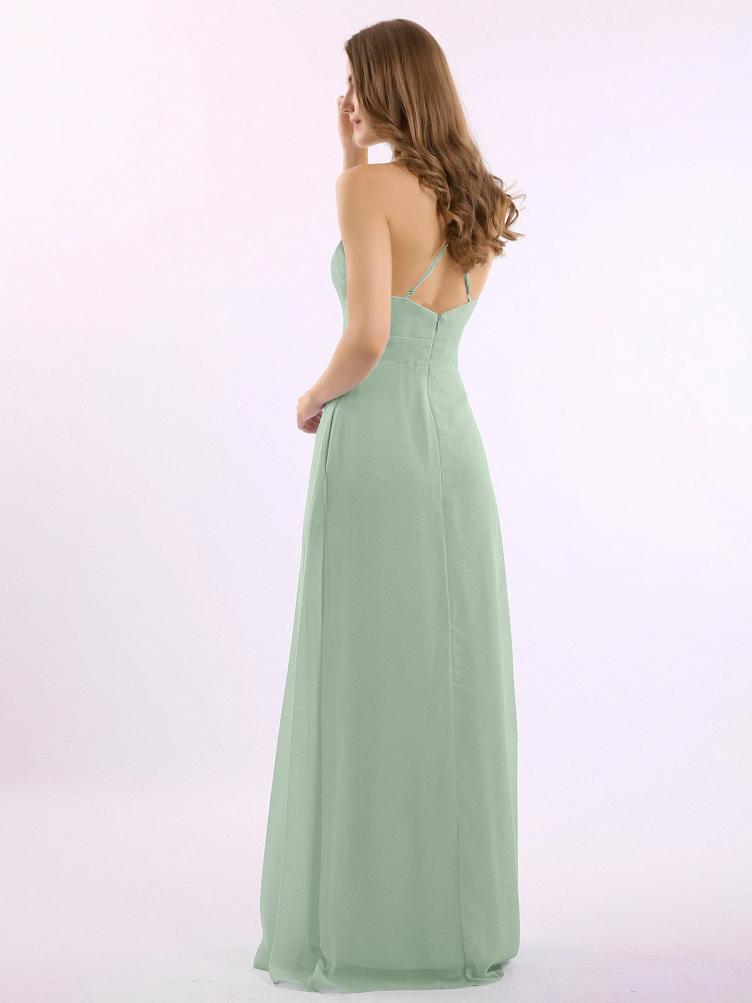 Spaghetti Träger V-Ausschnitt Chiffon Kleid mit Säckel Agavengrün - Image 2