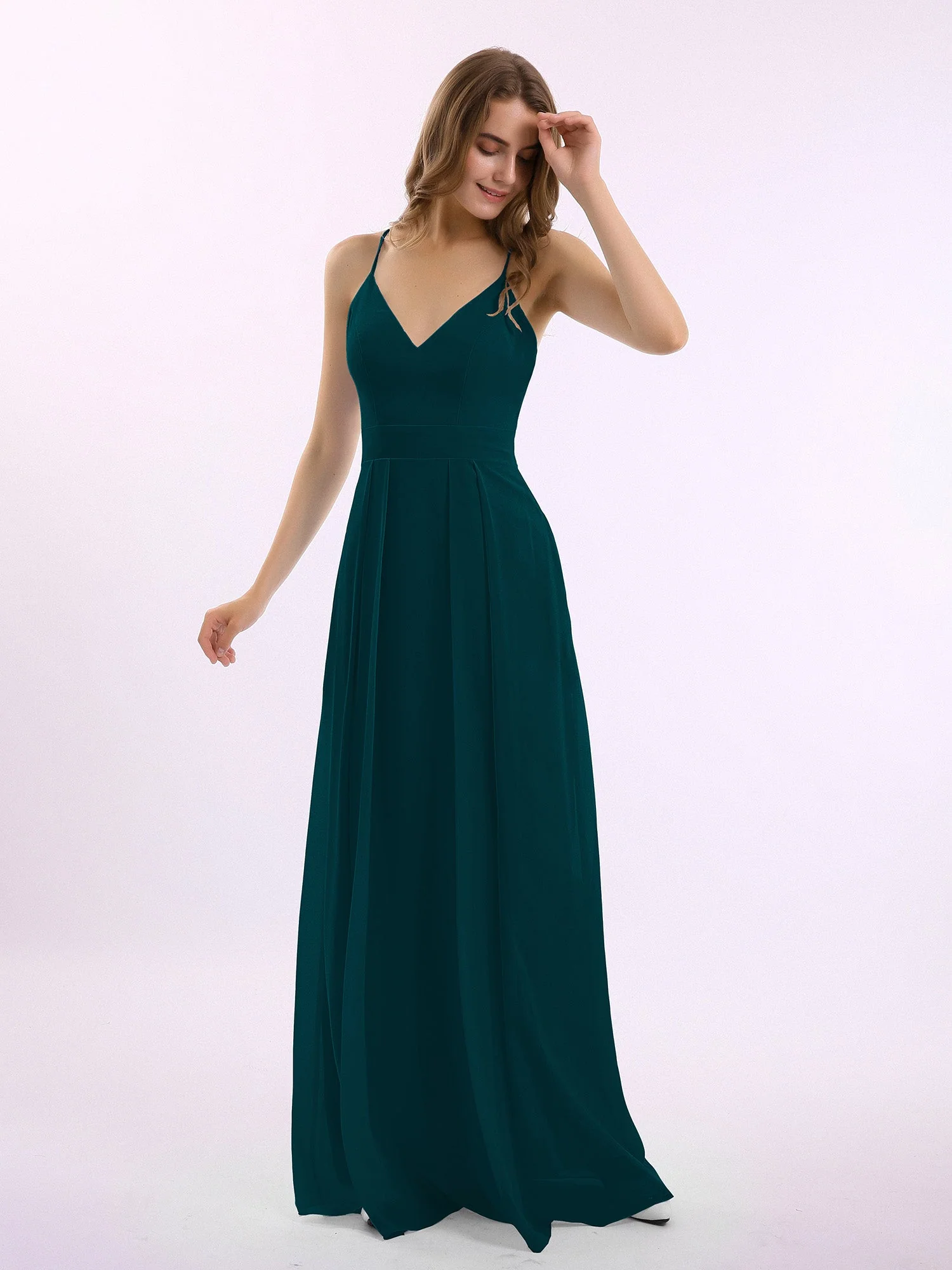 Spaghetti Träger V-Ausschnitt Chiffon Kleid mit Säckel Kieferngrün