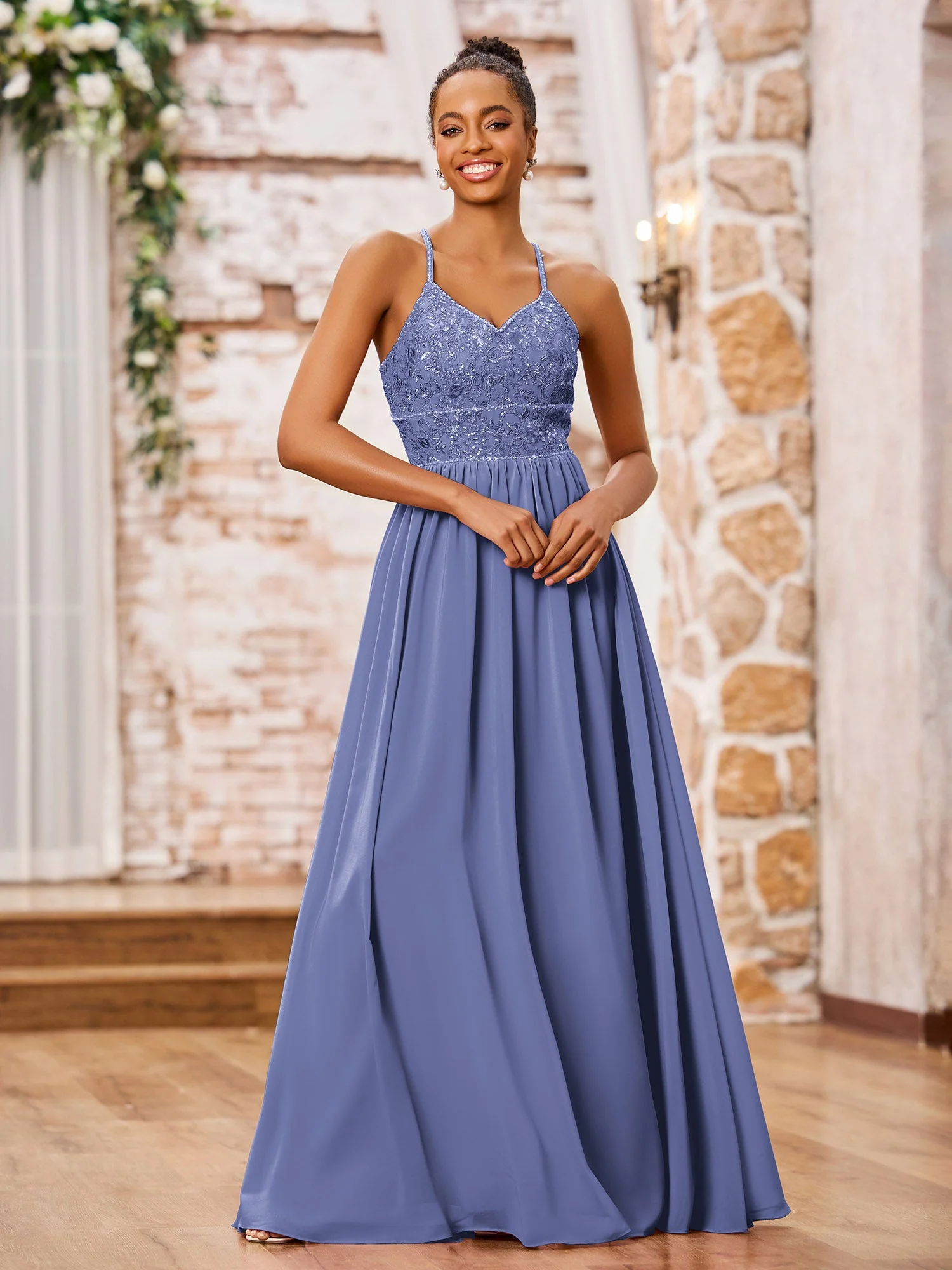 Spaghettiträger Spitzenoberteil Lang Chiffon Kleider Periwinkleblau