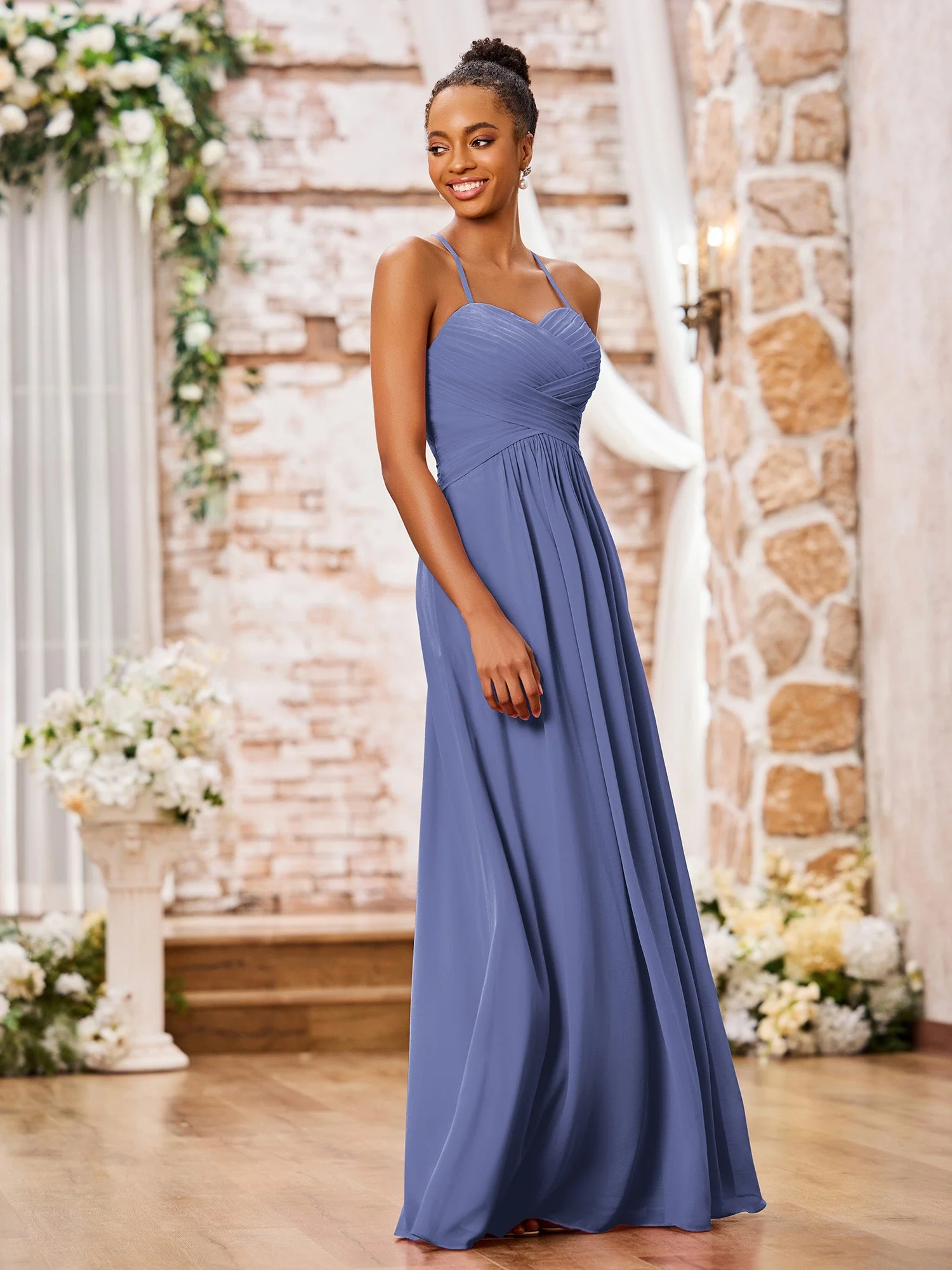 Spaghettiträger Überkreuzte Plissee Chiffon Lang Kleider Periwinkleblau - Image 3