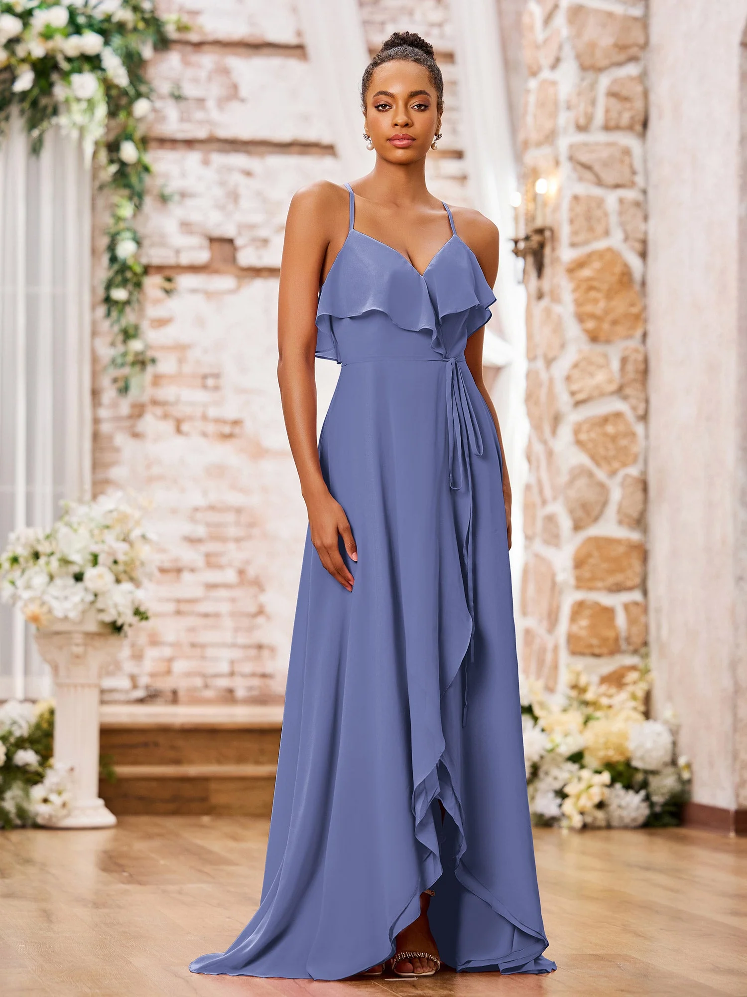 Spaghettiträger Vorne Kurz Hinten Lang Chiffon Kleider Periwinkleblau - Image 3