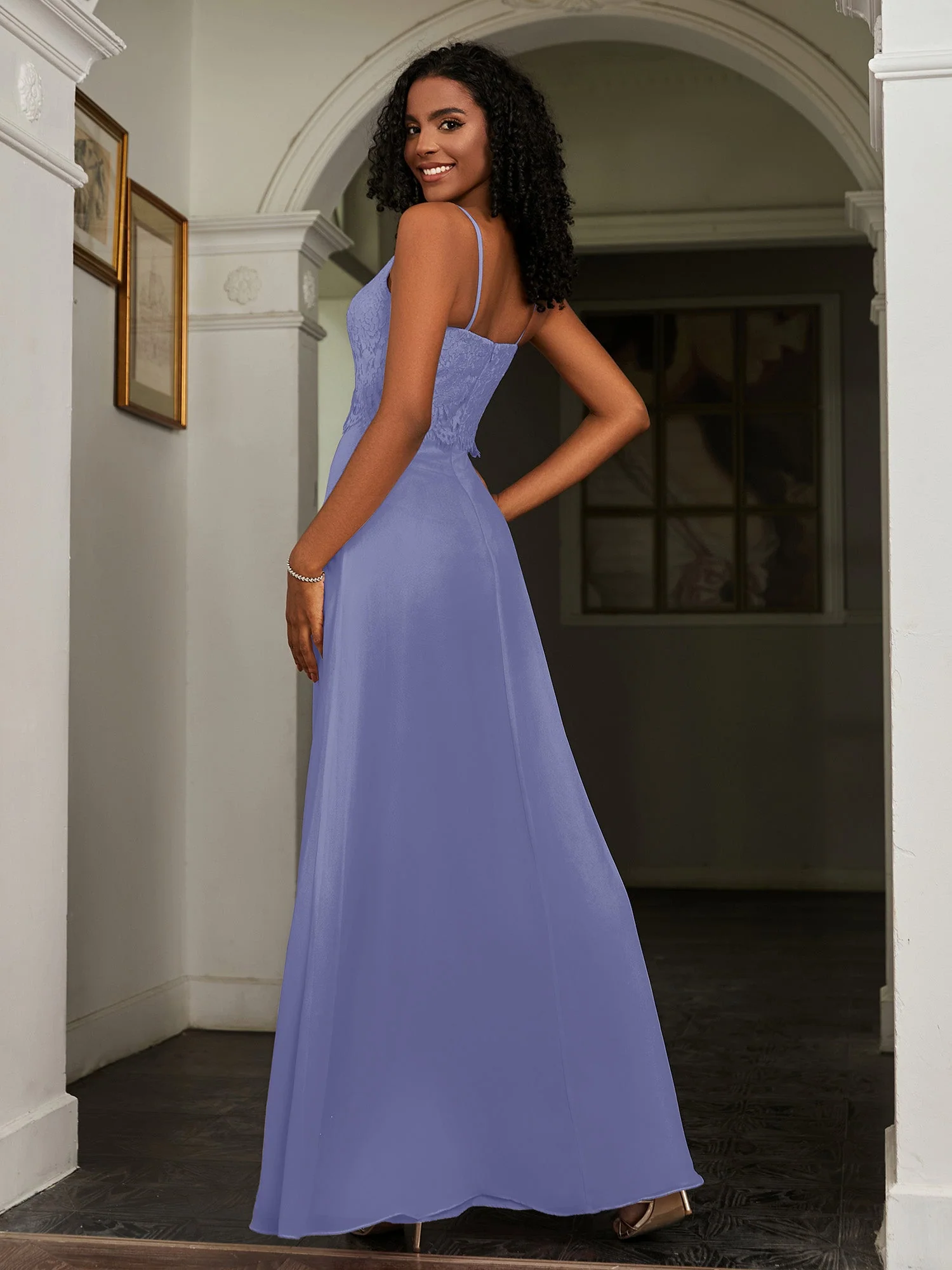Spitze Applique Rückenfrei Chiffon A-Linie Kleid Periwinkleblau - Image 2
