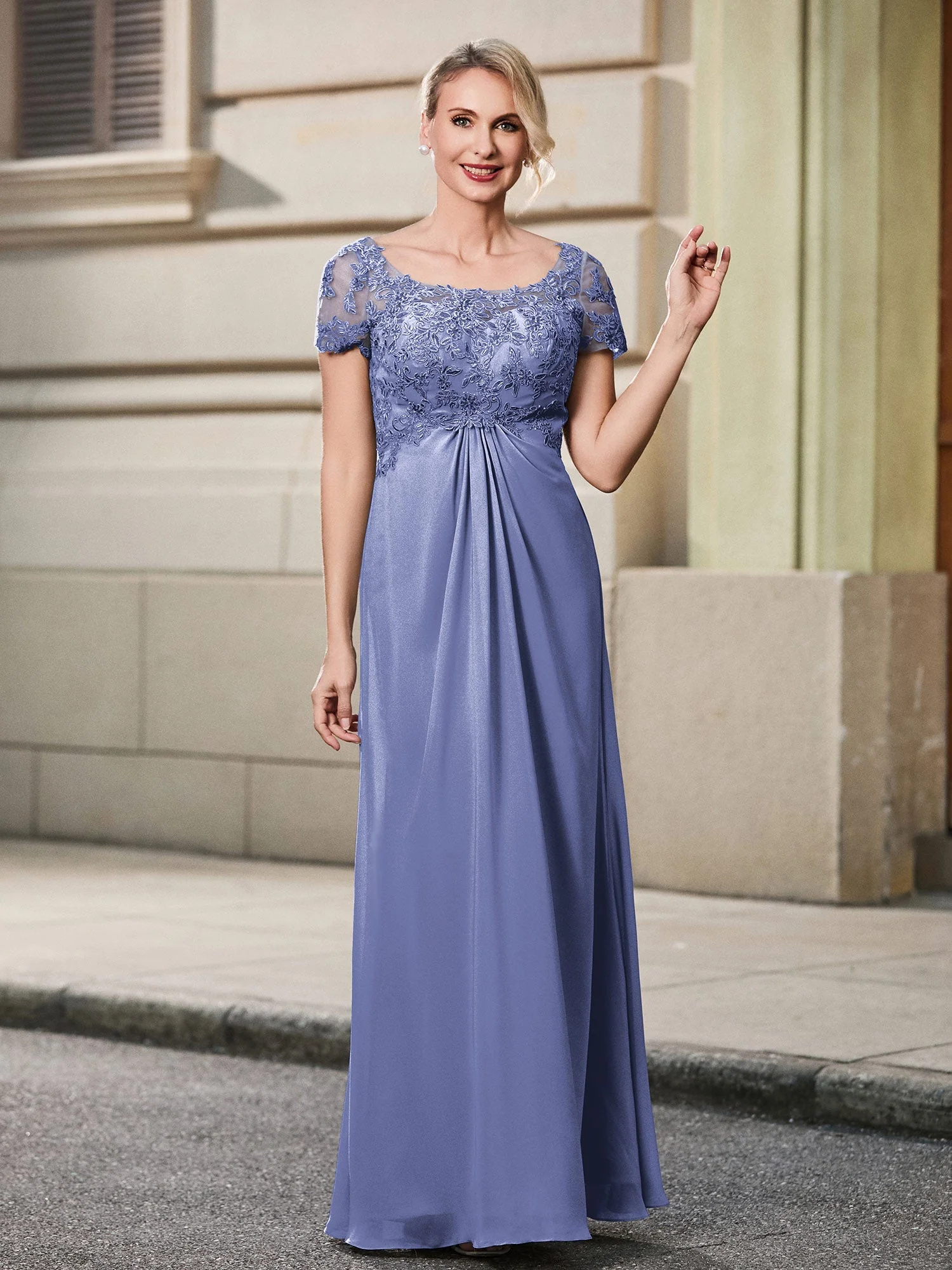 Spitze Kurzarm Empire Bodenlang Maxi Kleid Periwinkleblau