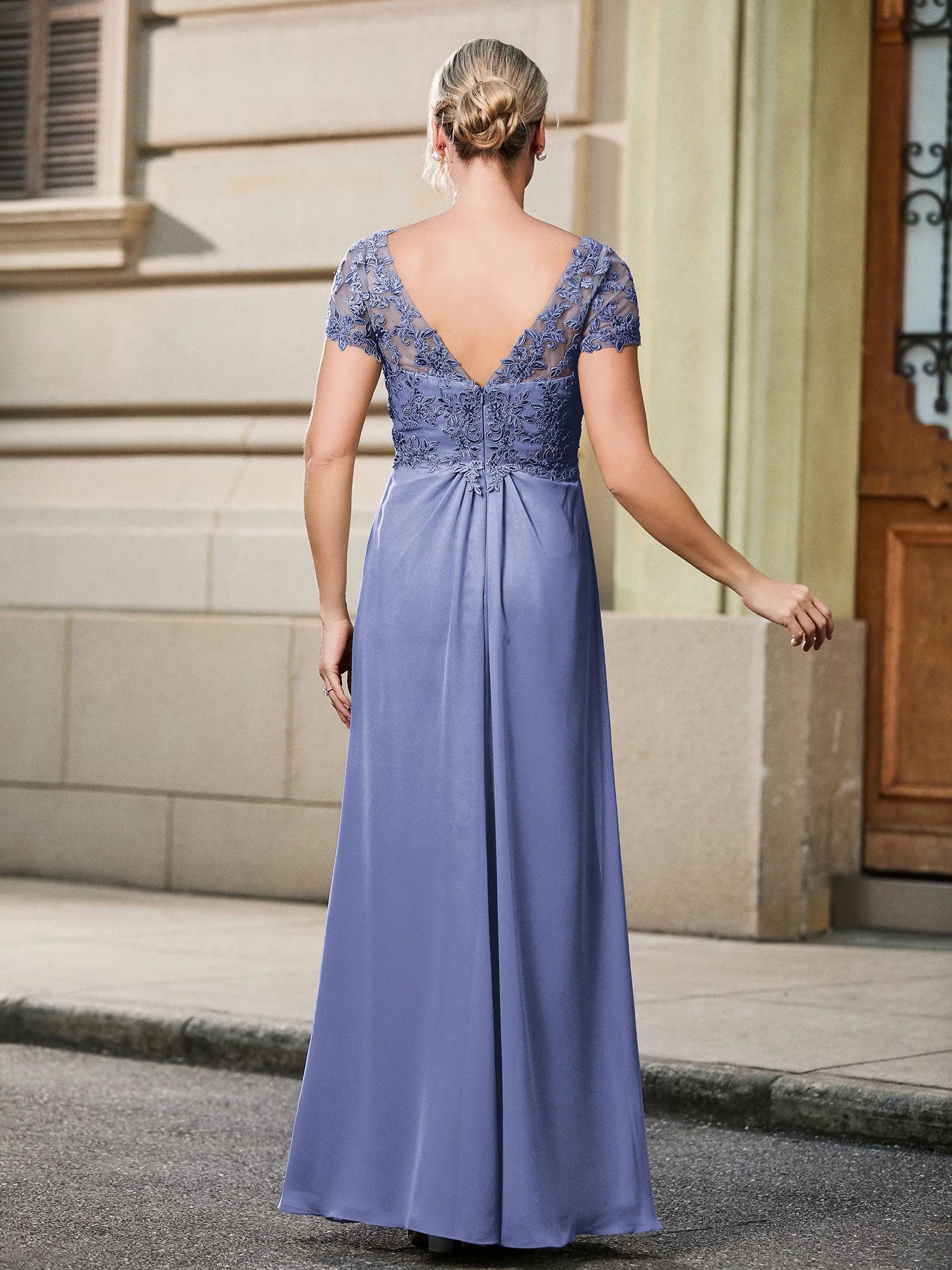 Spitze Kurzarm Empire Bodenlang Maxi Kleid Periwinkleblau - Image 2