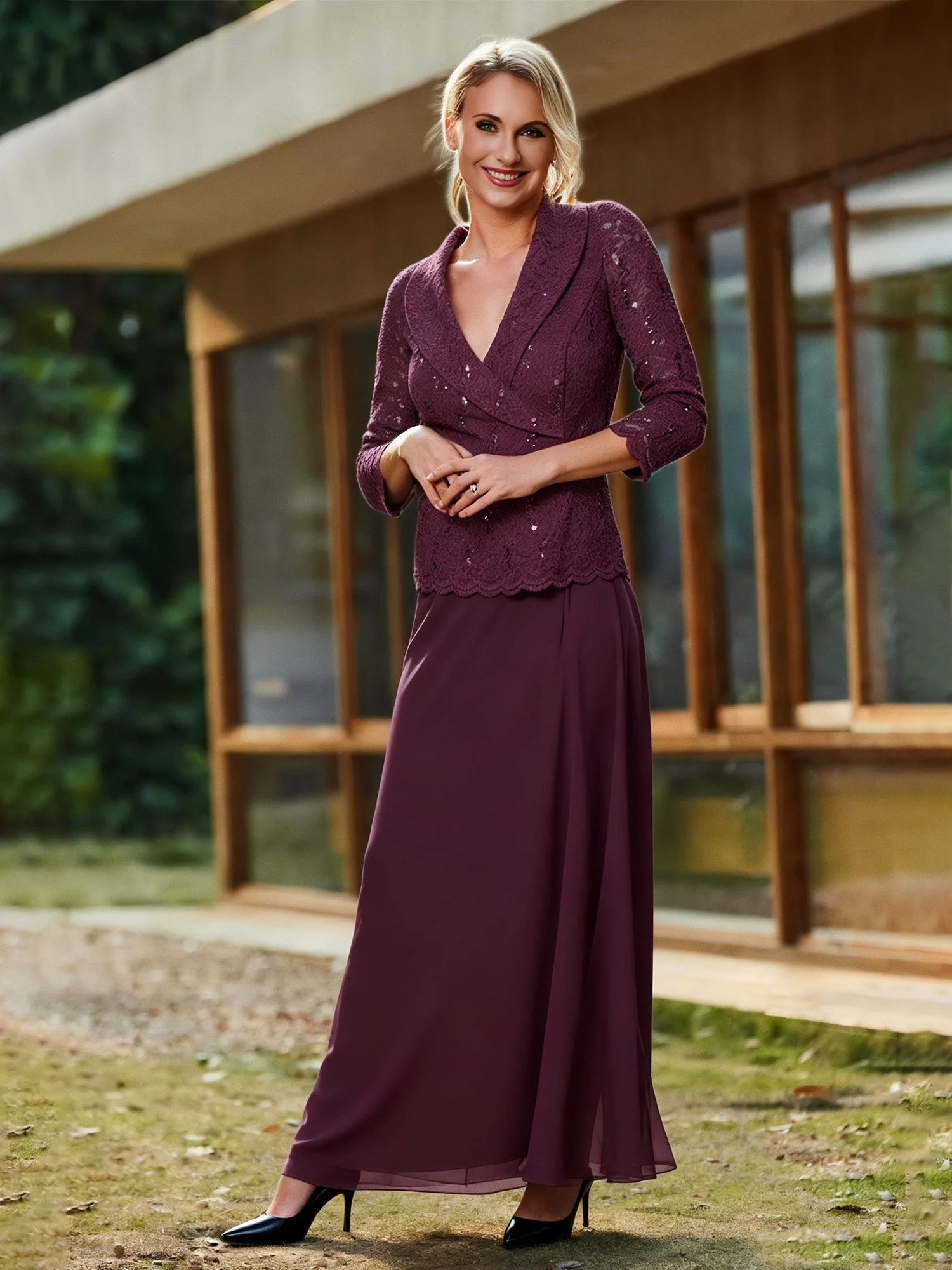 Spitze Pailletten 3/4 Ärmel Chiffon A-Linie Lang Kleid Cabernet