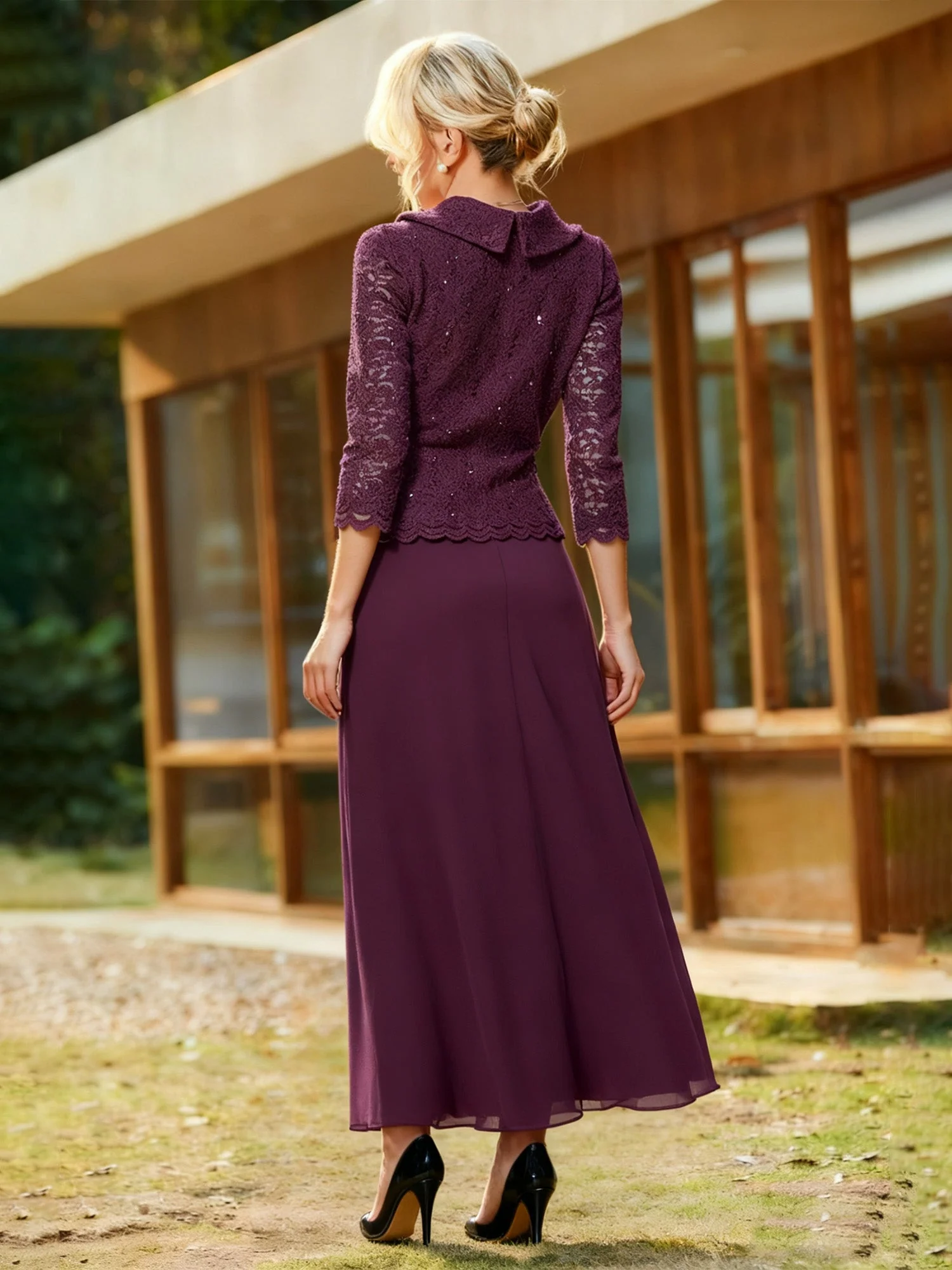 Spitze Pailletten 3/4 Ärmel Chiffon A-Linie Lang Kleid Cabernet - Image 2