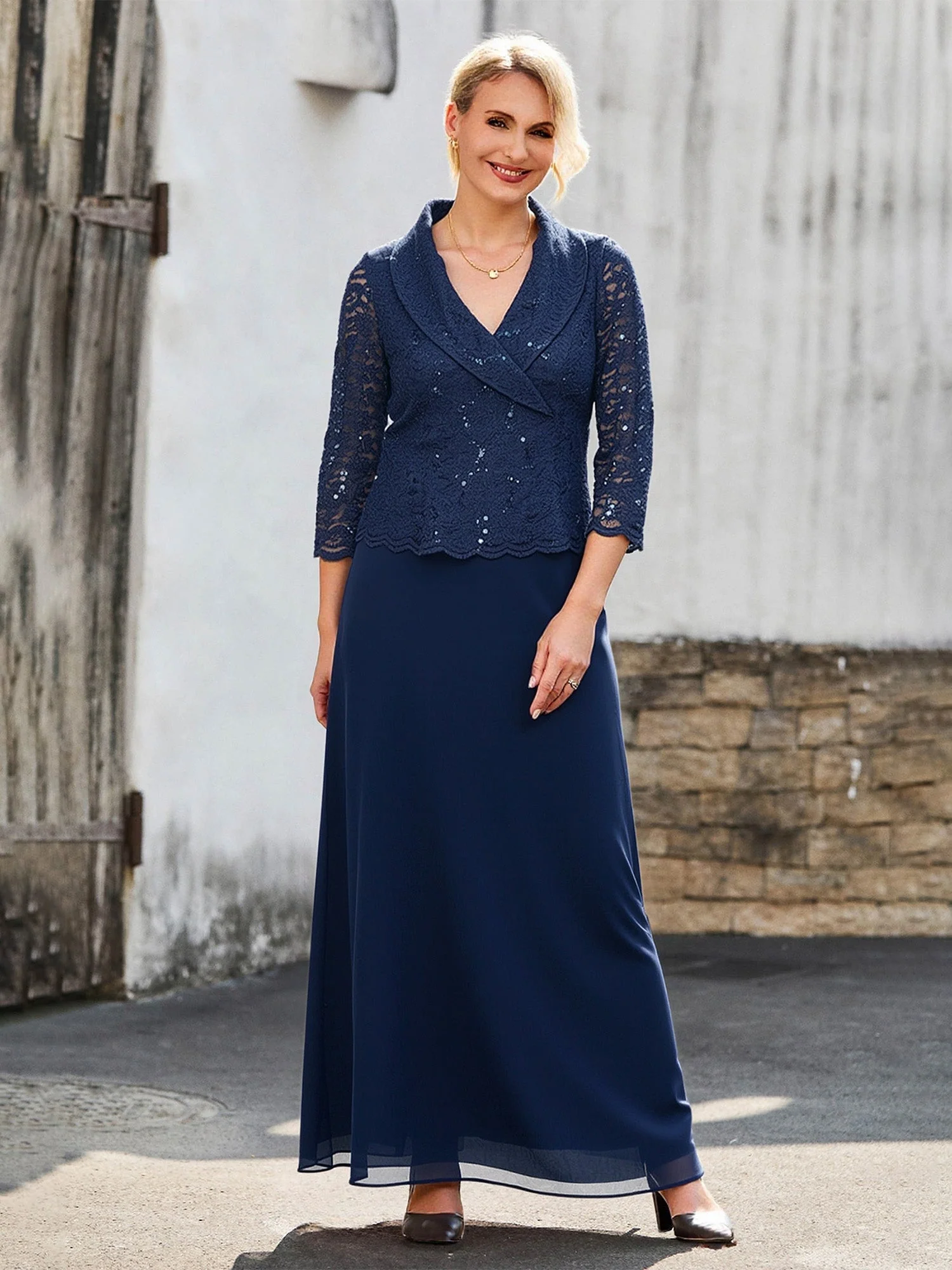 Spitze Pailletten 3/4 Ärmel Chiffon A-Linie Lang Kleid Dunkelmarine