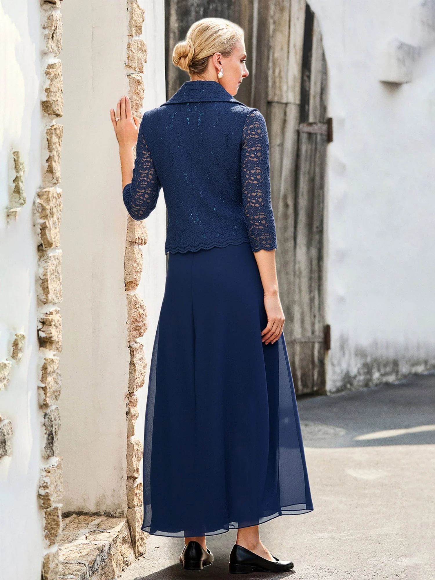 Spitze Pailletten 3/4 Ärmel Chiffon A-Linie Lang Kleid Dunkelmarine - Image 2