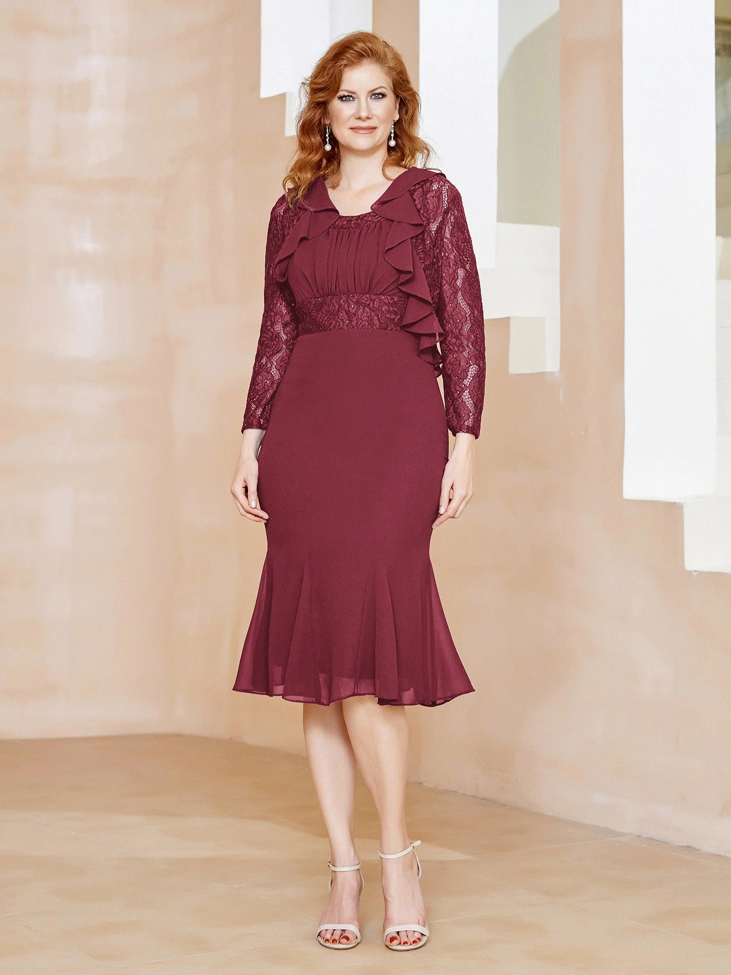 Spitze Rüschen Tee-Länge Kleid mit Pailletten Zimtrose