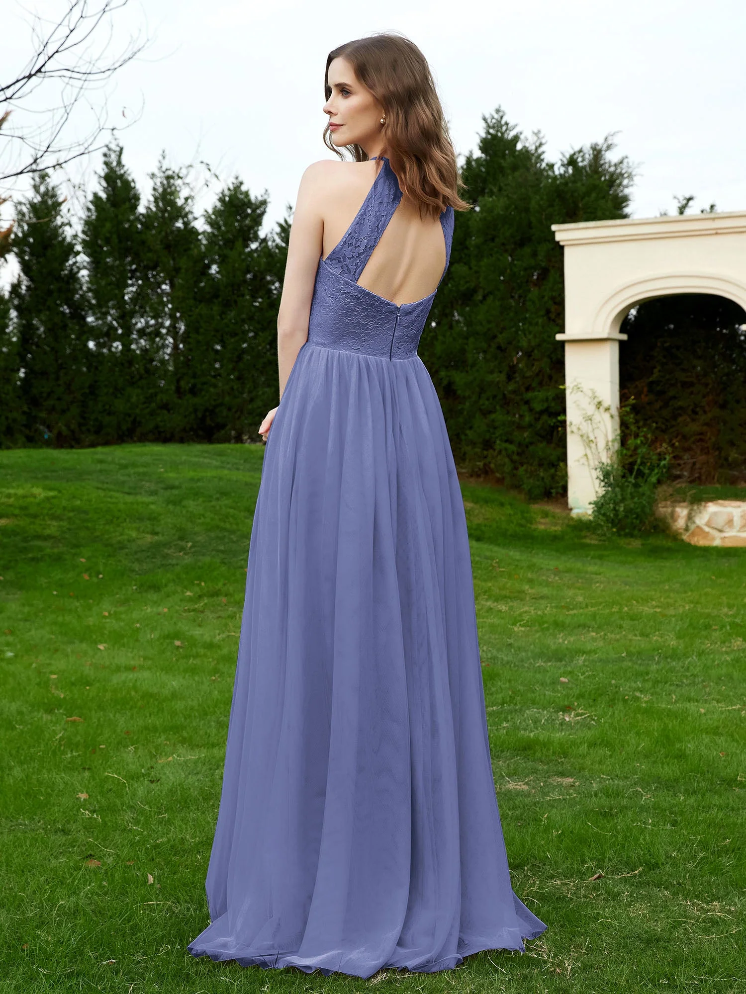 Spitze Tüll Brautjungfernkleid Halter Ausschnitt Periwinkleblau - Image 2