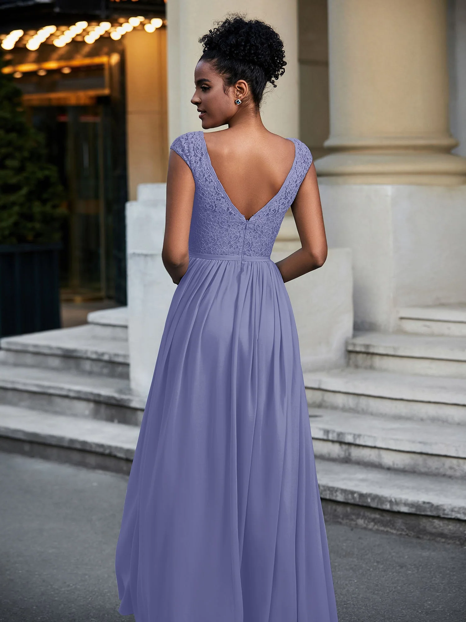 Spitze und Chiffon Langes Kleid mit Flügelärmeln Periwinkleblau - Image 2
