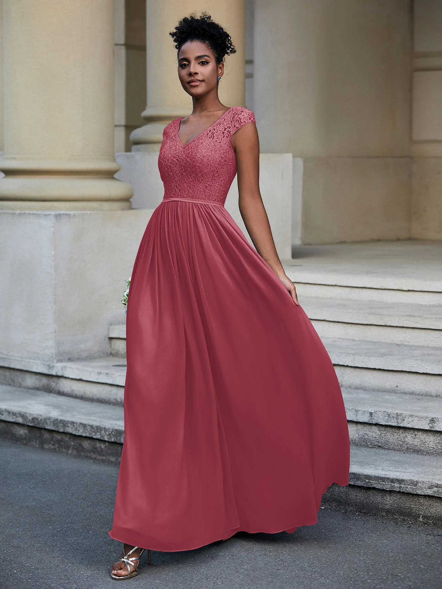 Spitze und Chiffon Langes Kleid mit Flügelärmeln Zimtrose - Image 3