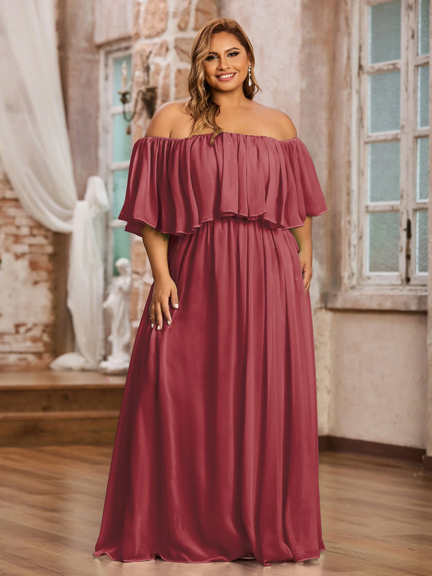 Spitze und Chiffon Langes Kleid mit Flügelärmeln Zimtrose - Image 4