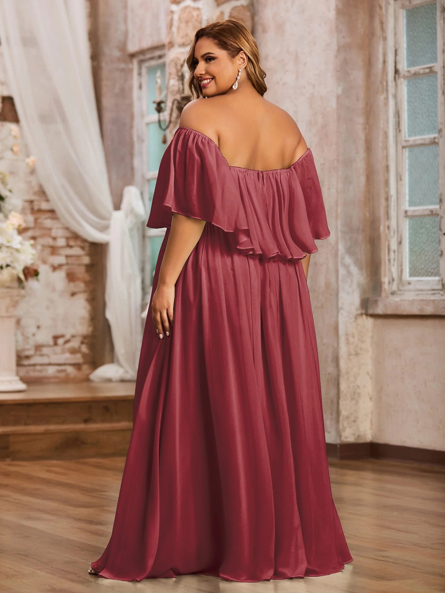 Spitze und Chiffon Langes Kleid mit Flügelärmeln Zimtrose - Image 5