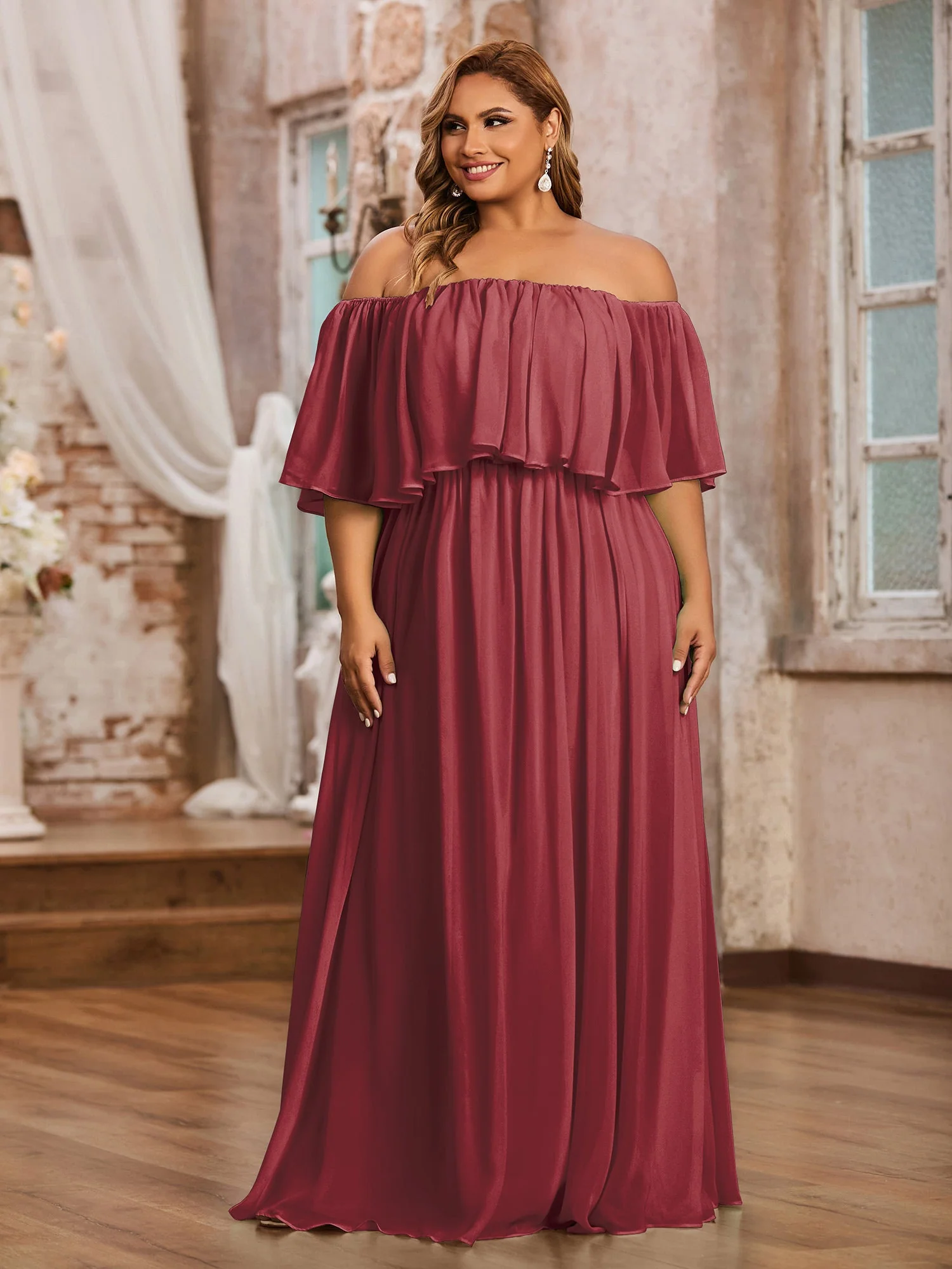Spitze und Chiffon Langes Kleid mit Flügelärmeln Zimtrose - Image 6