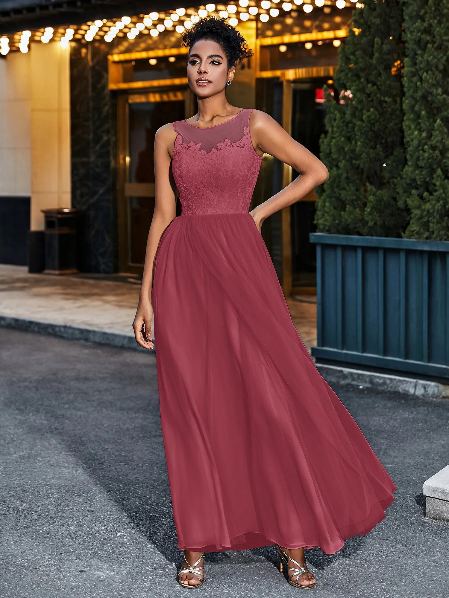 Spitze und Tüll Langes Kleid mit Illusion Ausschnitt Zimtrose - Image 3