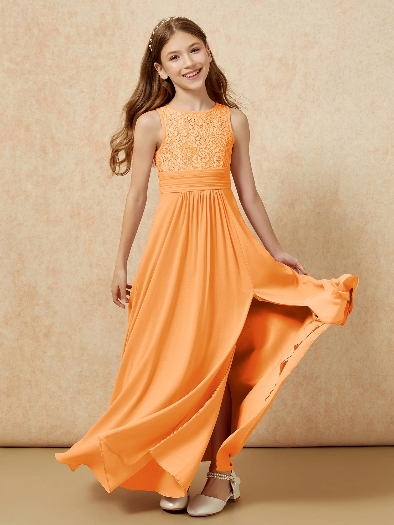 Spitzen Oberteil A-Linie Lang Junge Brautjungfernkleider Orange - Image 6