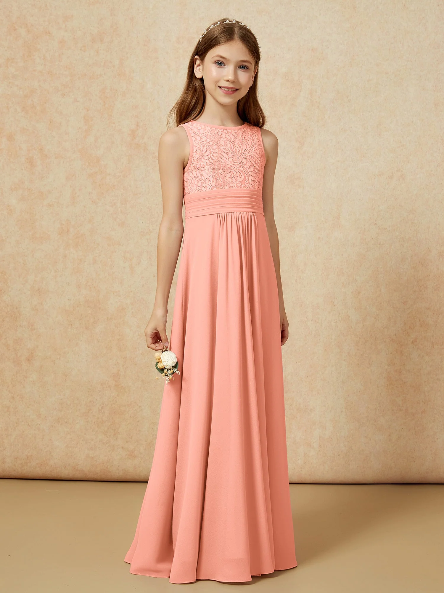 Spitzen Oberteil A-Linie Lang Junge Brautjungfernkleider Papaya - Image 3
