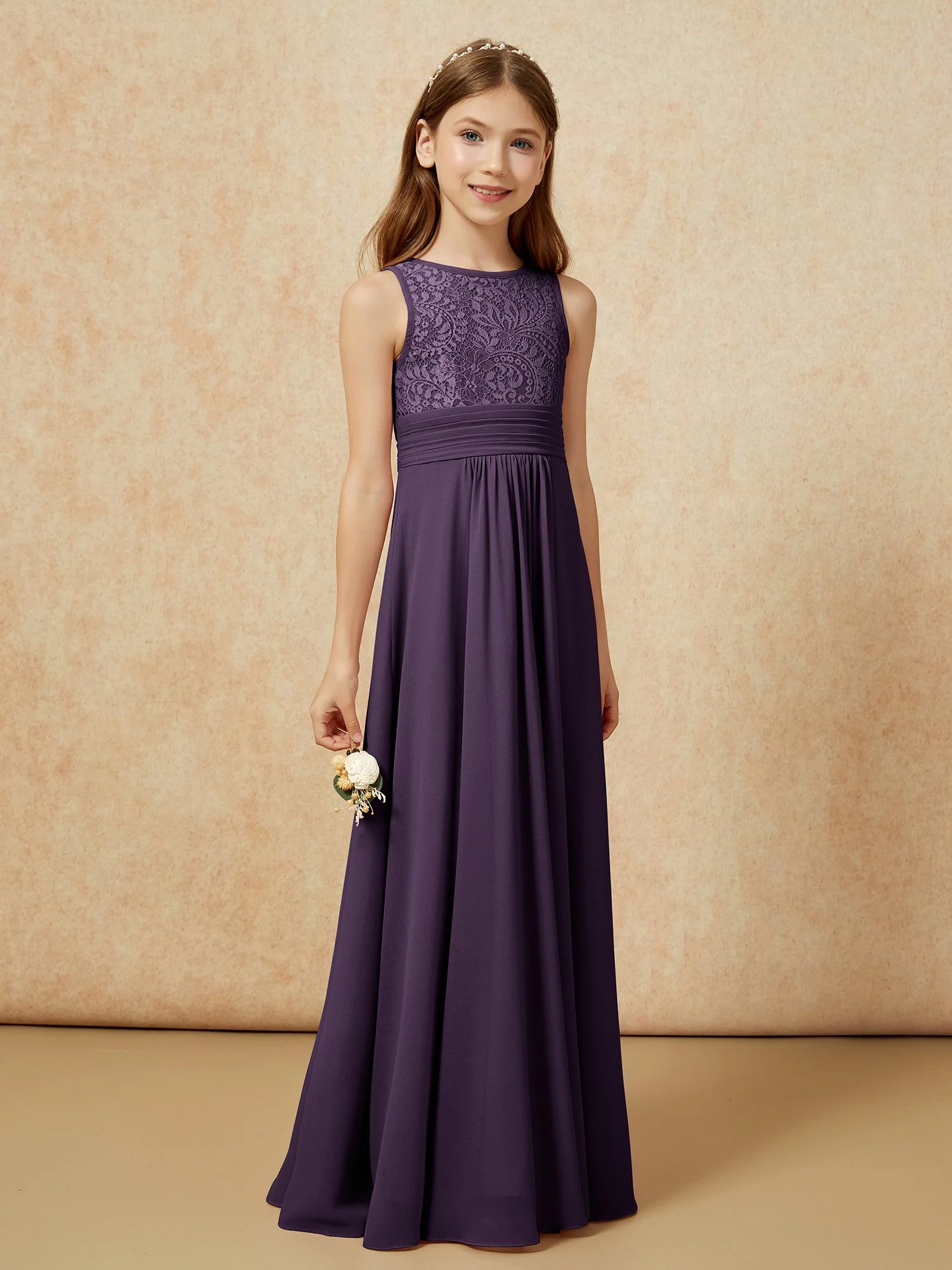 Spitzen Oberteil A-Linie Lang Junge Brautjungfernkleider Plum - Image 3