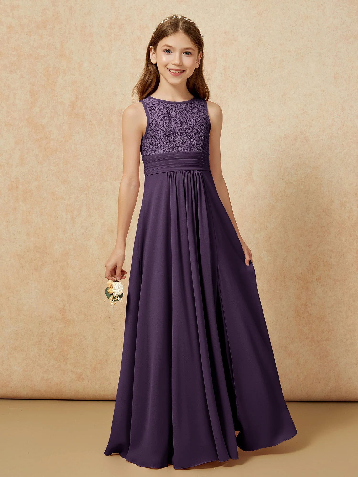 Spitzen Oberteil A-Linie Lang Junge Brautjungfernkleider Plum - Image 5