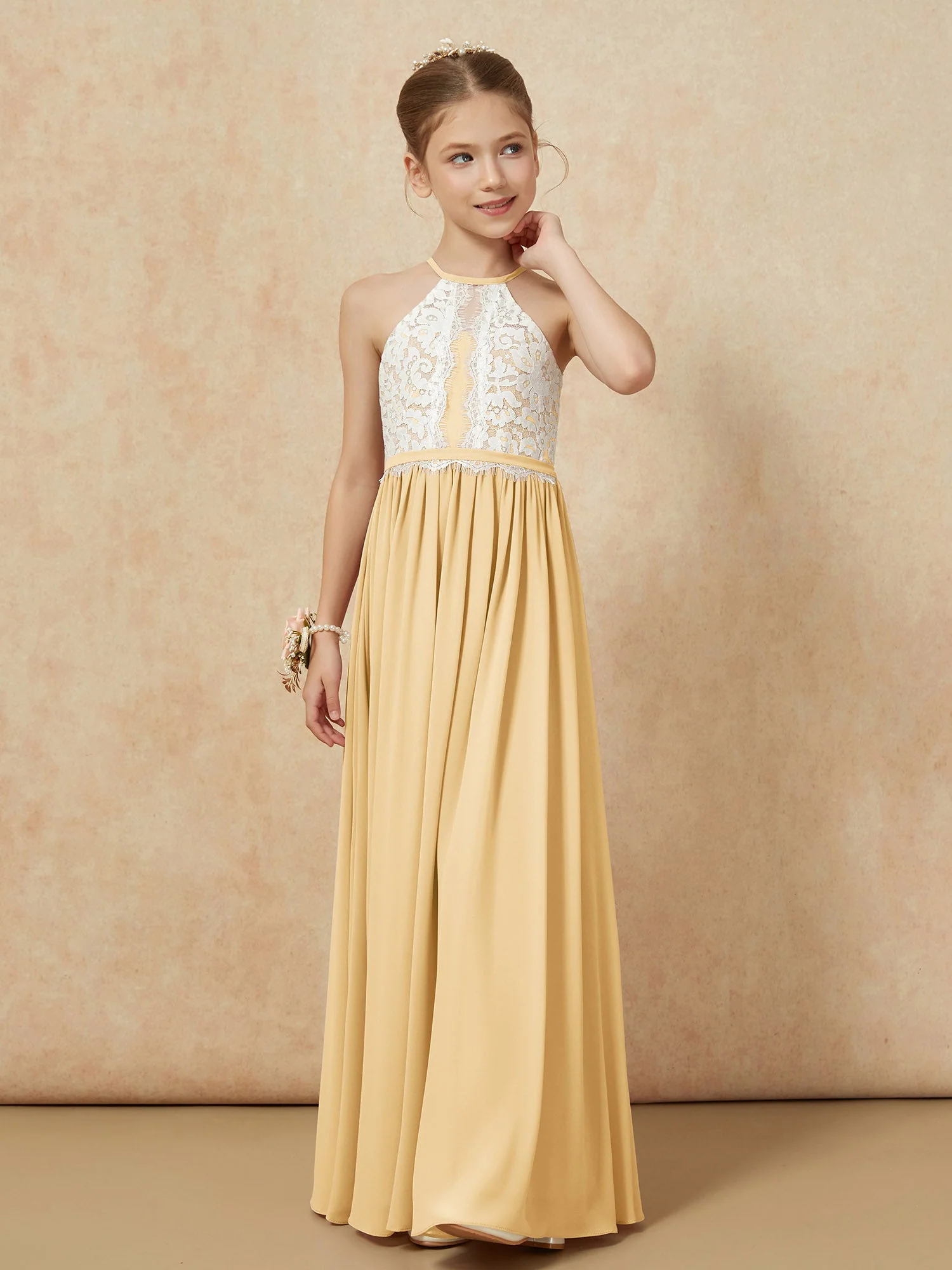 Spitzen Oberteil Ärmellos Plissee Lang Junge Brautjungfernkleider Gold - Image 6