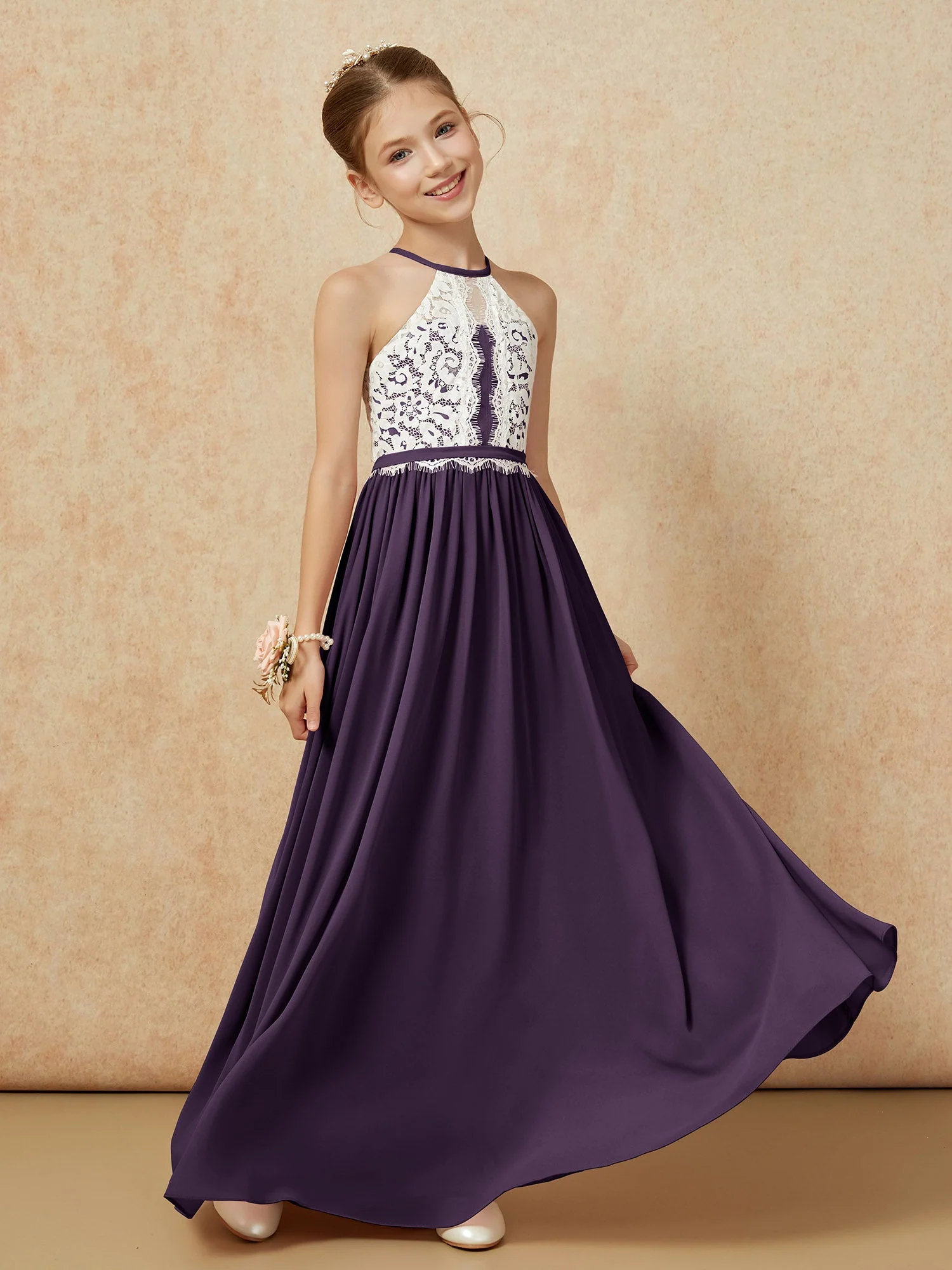 Spitzen Oberteil Ärmellos Plissee Lang Junge Brautjungfernkleider Plum - Image 3