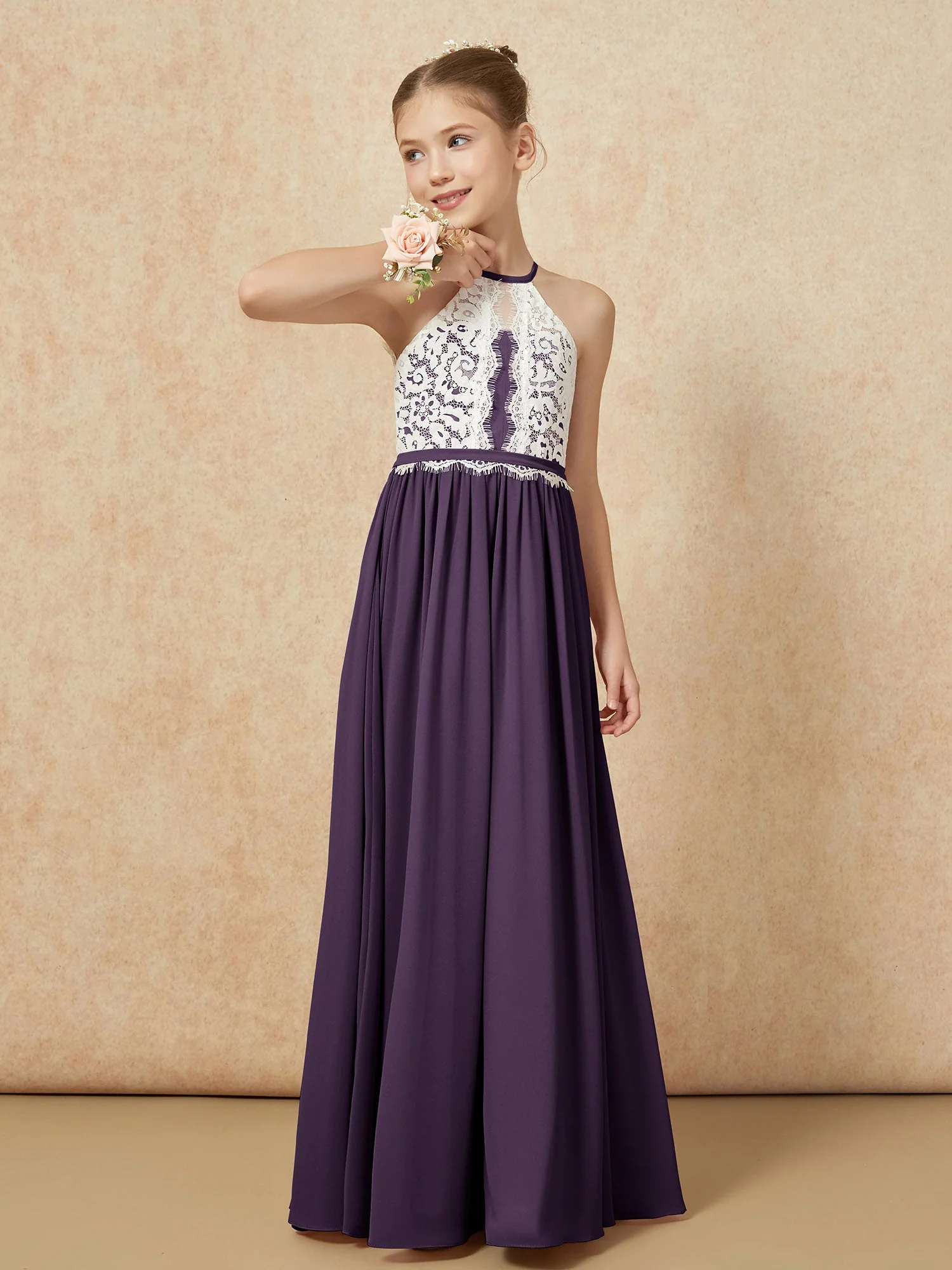 Spitzen Oberteil Ärmellos Plissee Lang Junge Brautjungfernkleider Plum - Image 4