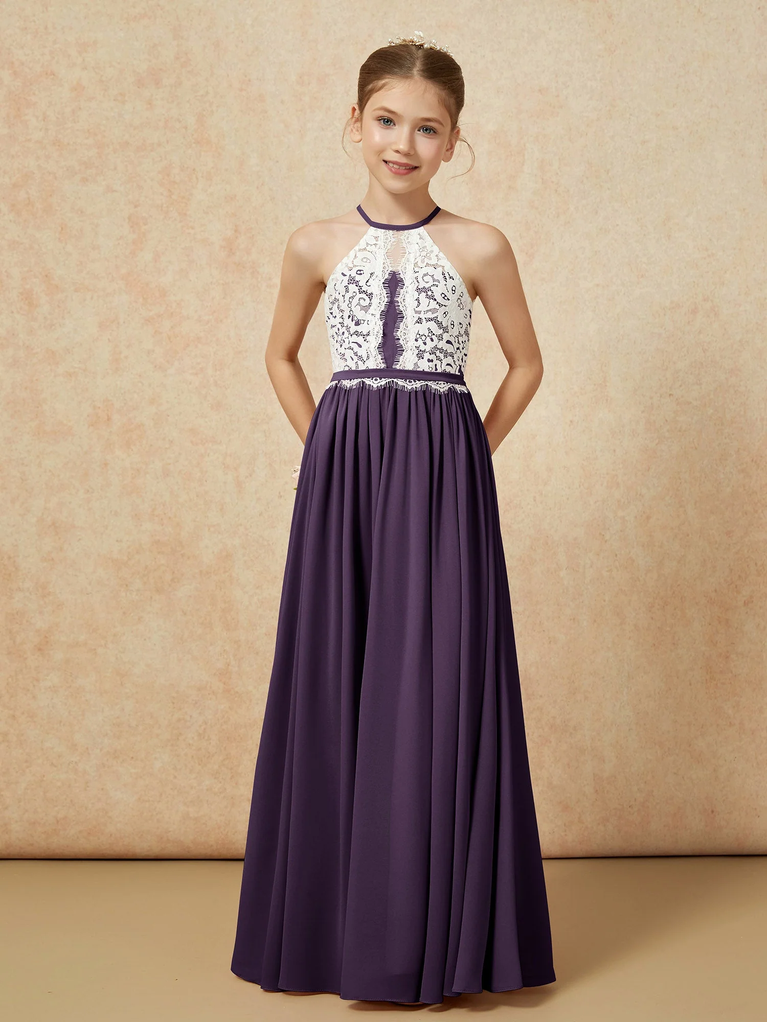 Spitzen Oberteil Ärmellos Plissee Lang Junge Brautjungfernkleider Plum - Image 5