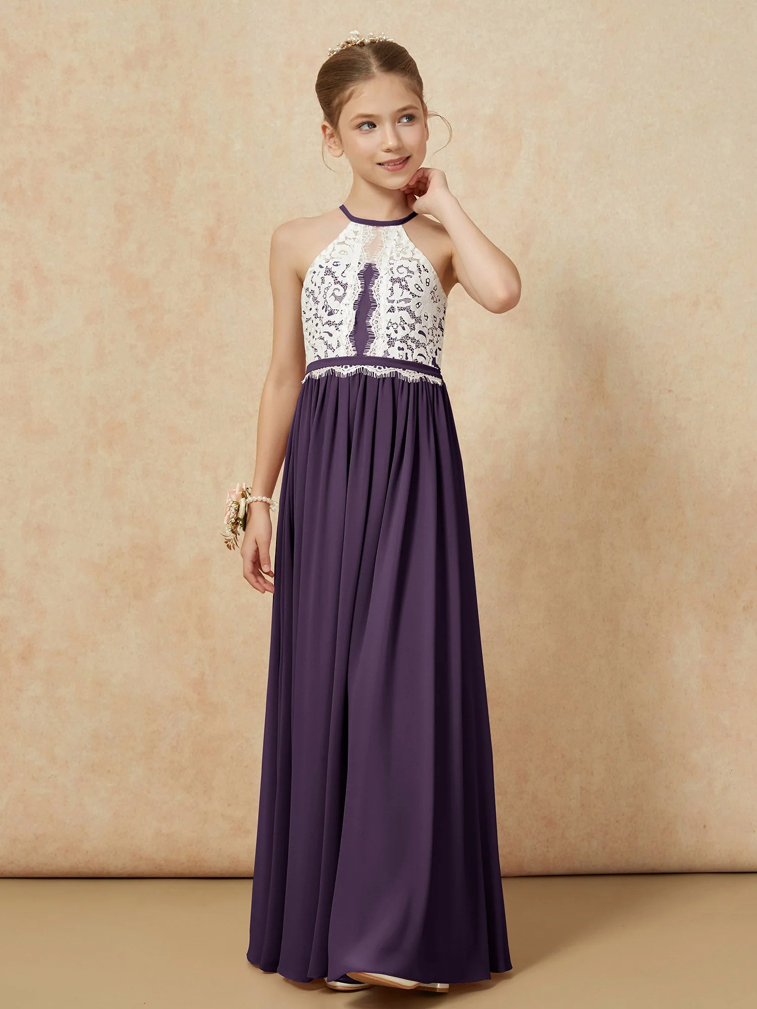 Spitzen Oberteil Ärmellos Plissee Lang Junge Brautjungfernkleider Plum - Image 6