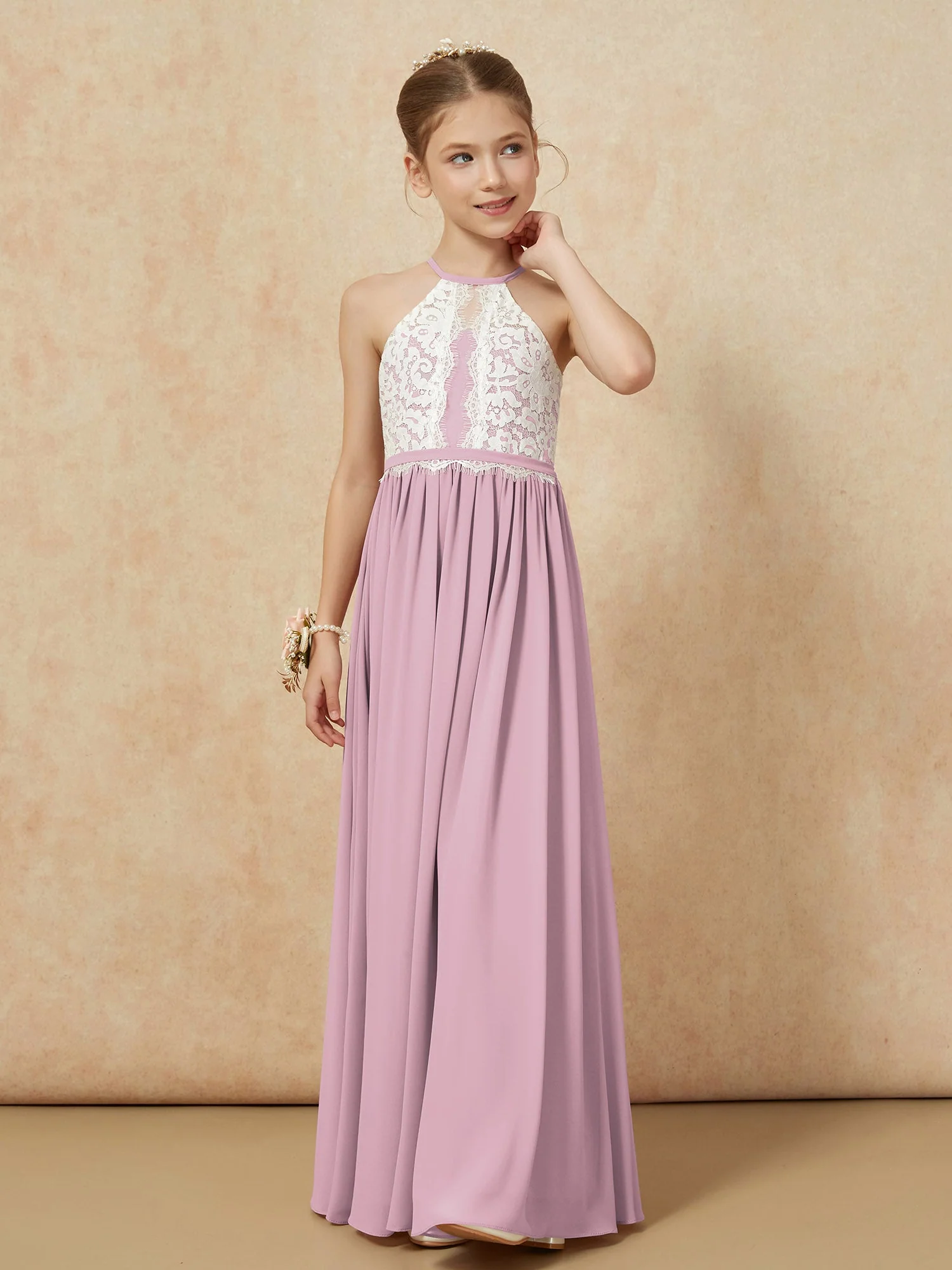 Spitzen Oberteil Ärmellos Plissee Lang Junge Brautjungfernkleider Vintage Mauve - Image 6