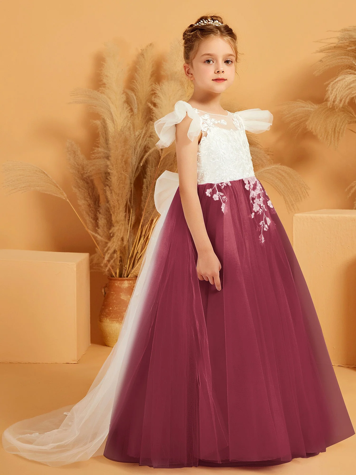 Spitzenoberteil Blumenmädchenkleid mit Schleife und Schleppe Zimtrose - Image 3