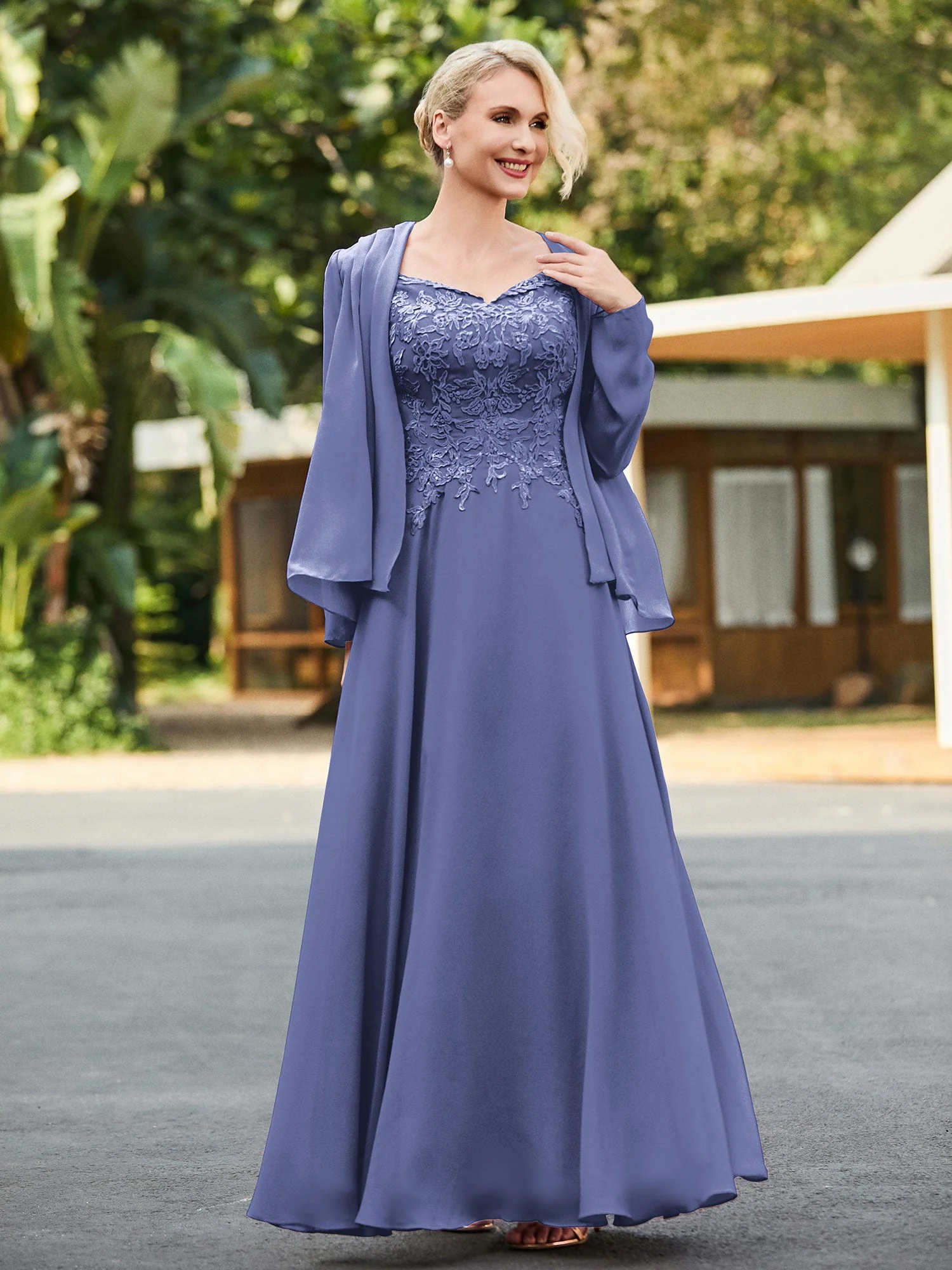 Spitzenoberteil V-Ausschnitt Bodenlang Kleid mit Jacke Periwinkleblau