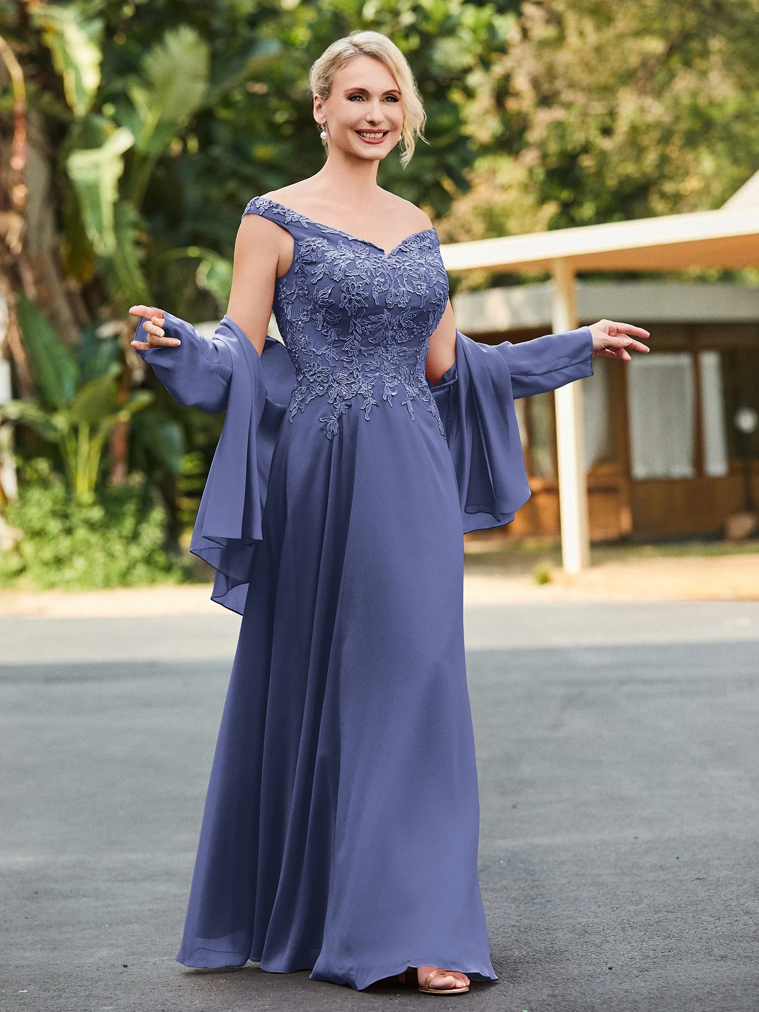 Spitzenoberteil V-Ausschnitt Bodenlang Kleid mit Jacke Periwinkleblau - Image 3