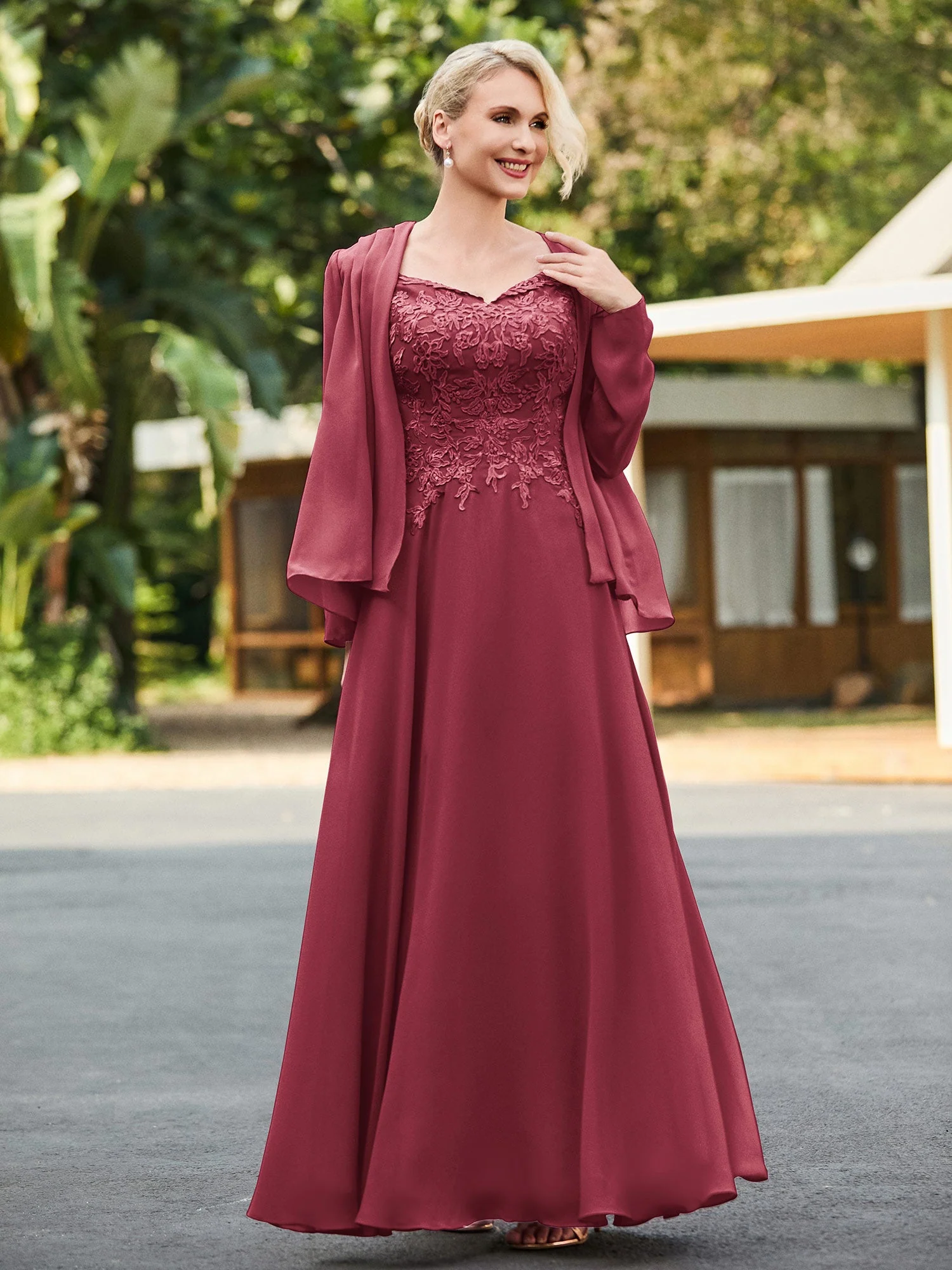Spitzenoberteil V-Ausschnitt Bodenlang Kleid mit Jacke Zimtrose