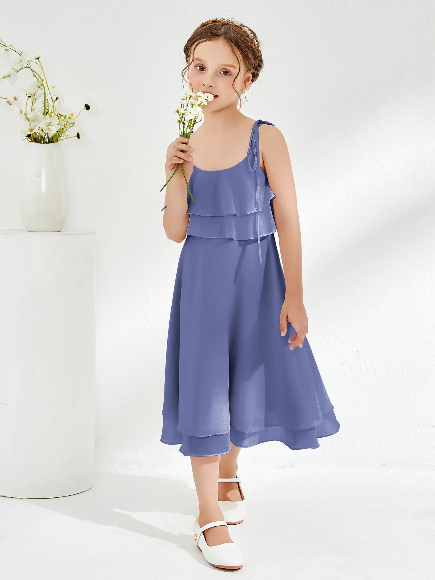 Süß 2 Schichten Rüschen Junge Blumenmädchenkleider Periwinkleblau