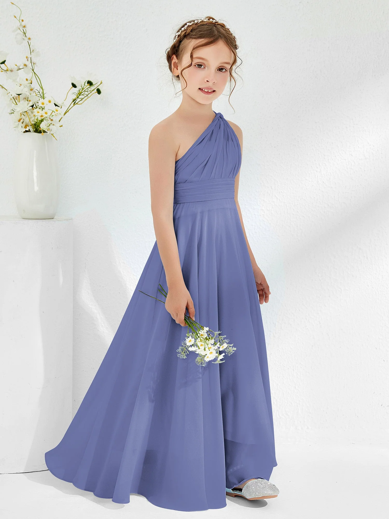Süß Eine Schulter A-Linie Junge Brautjungfernkleider Periwinkleblau - Image 3