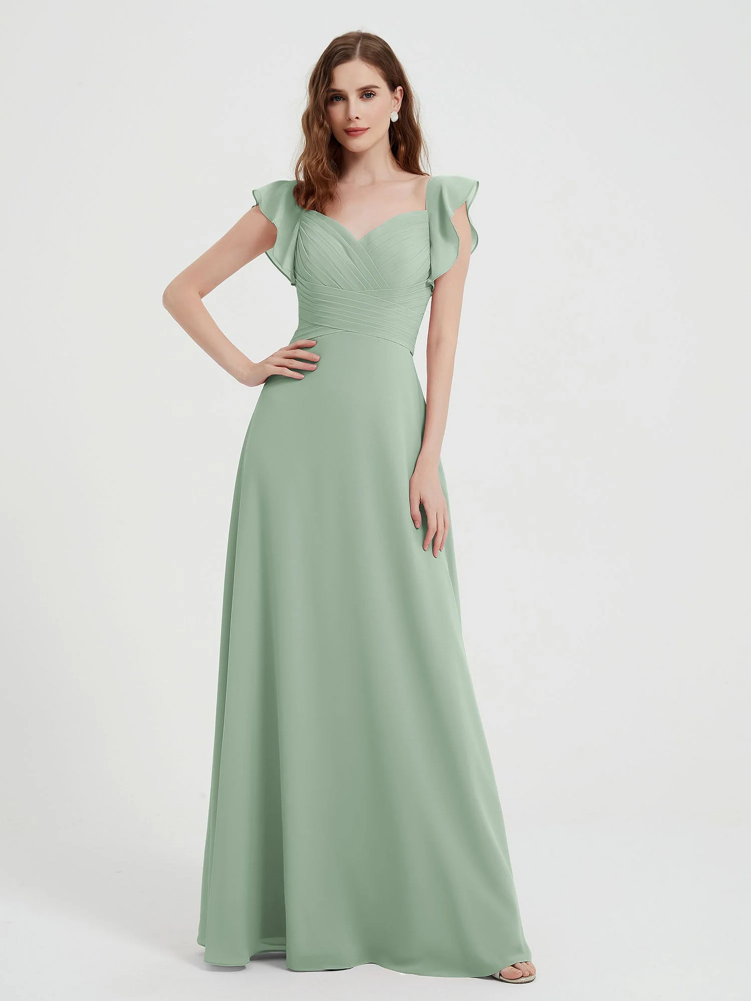 Sweetheart Flatterärmel Chiffon Kleid Agavengrün