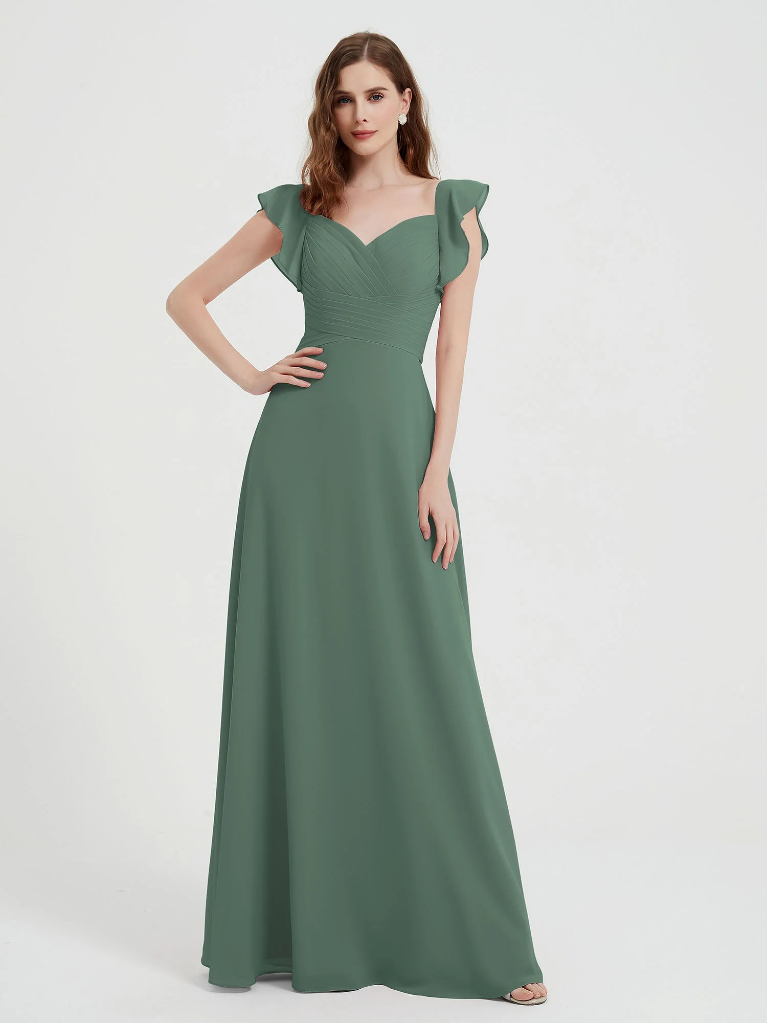 Sweetheart Flatterärmel Chiffon Kleid Eukalyptus