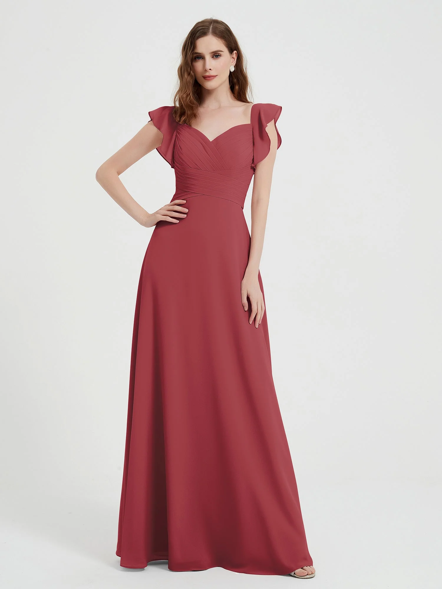 Sweetheart Flatterärmel Chiffon Kleid Zimtrose