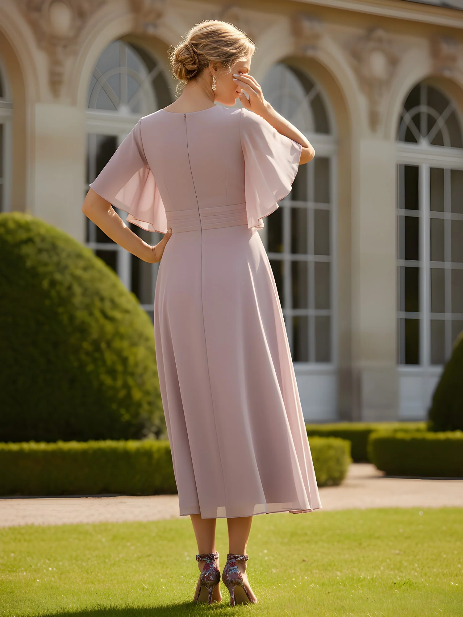 A-Linie Flatterärmel V-Ausschnitt Wadenlang Chiffon Kleid Himmelblau - Image 2