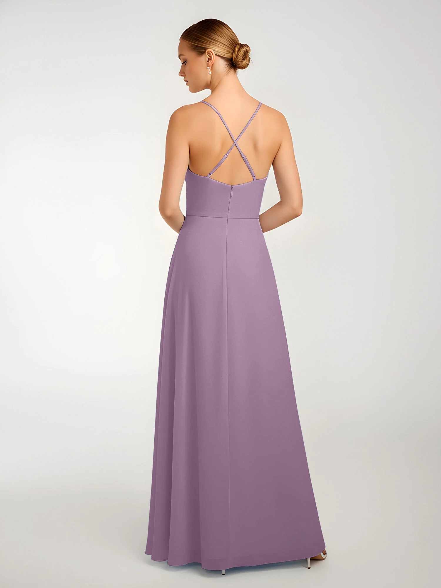 Chiffon A-Linie Gekreuzte Träger Kleid mit Schlitz Blauregen - Image 2