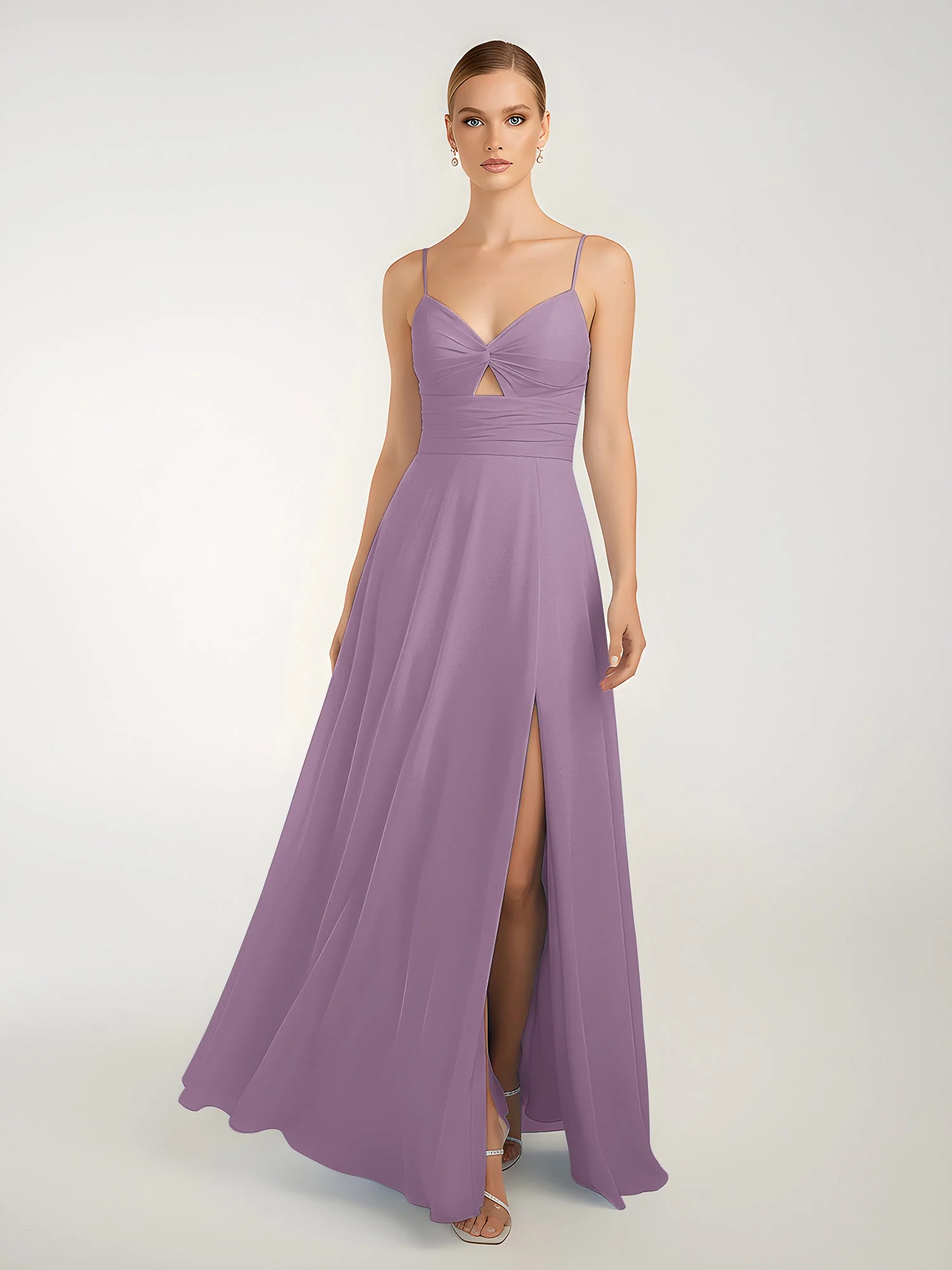 Chiffon A-Linie Gekreuzte Träger Kleid mit Schlitz Blauregen - Image 3