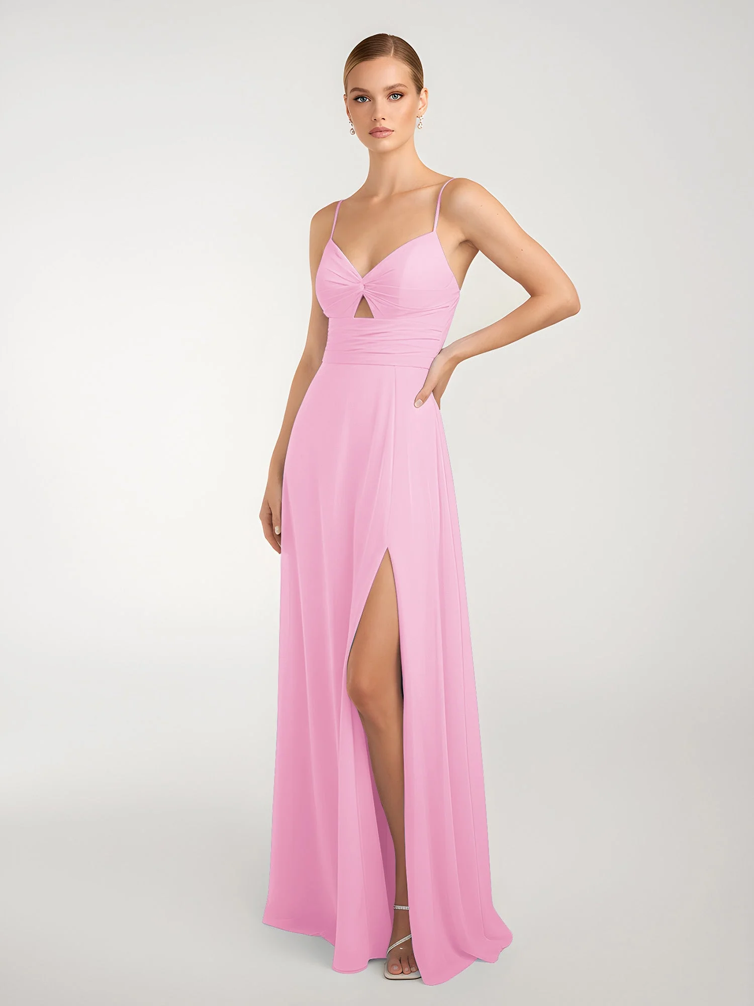 Chiffon A-Linie Gekreuzte Träger Kleid mit Schlitz Bonbonrosa