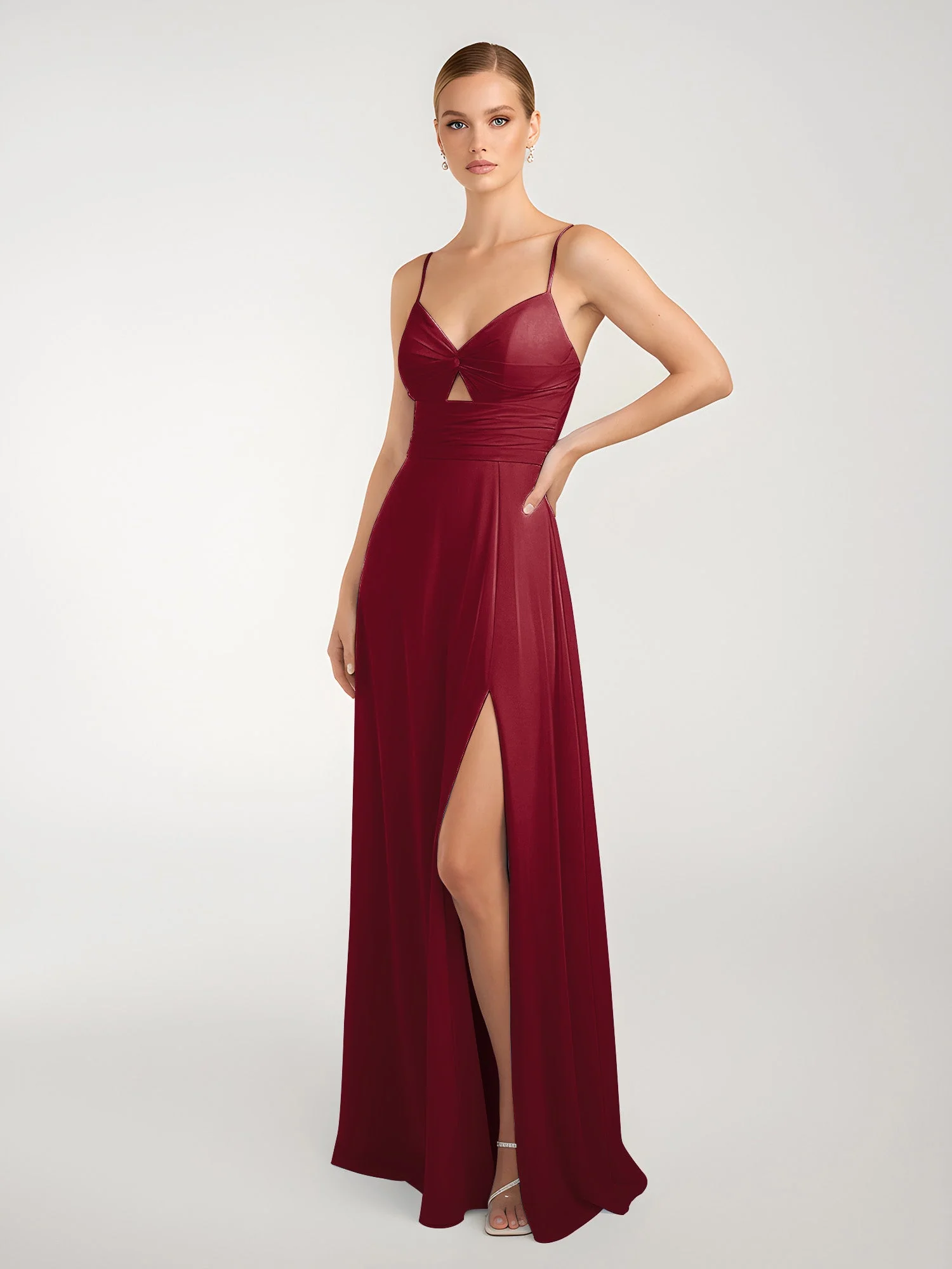 Chiffon A-Linie Gekreuzte Träger Kleid mit Schlitz Burgunderrot