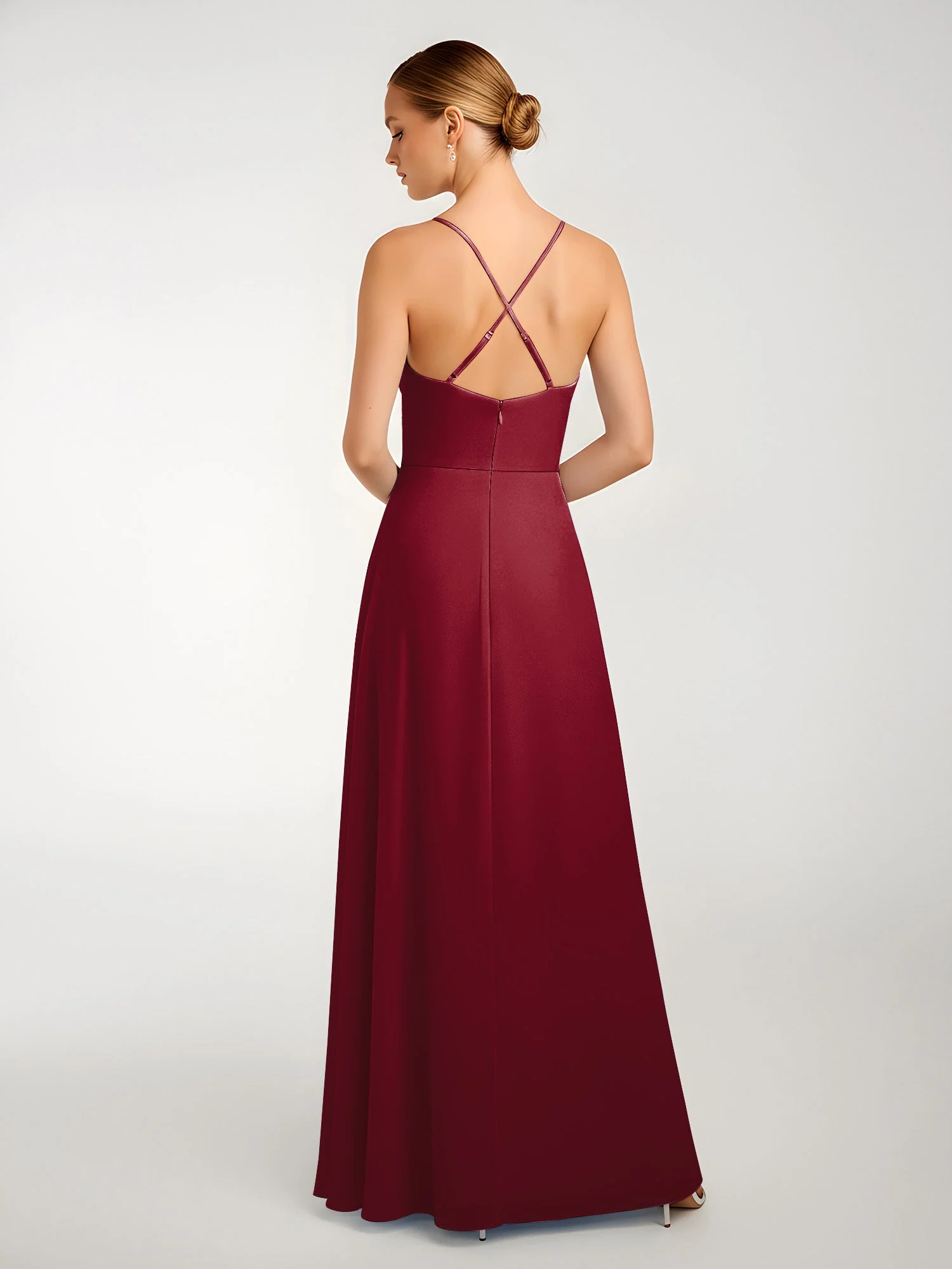 Chiffon A-Linie Gekreuzte Träger Kleid mit Schlitz Burgunderrot - Image 2