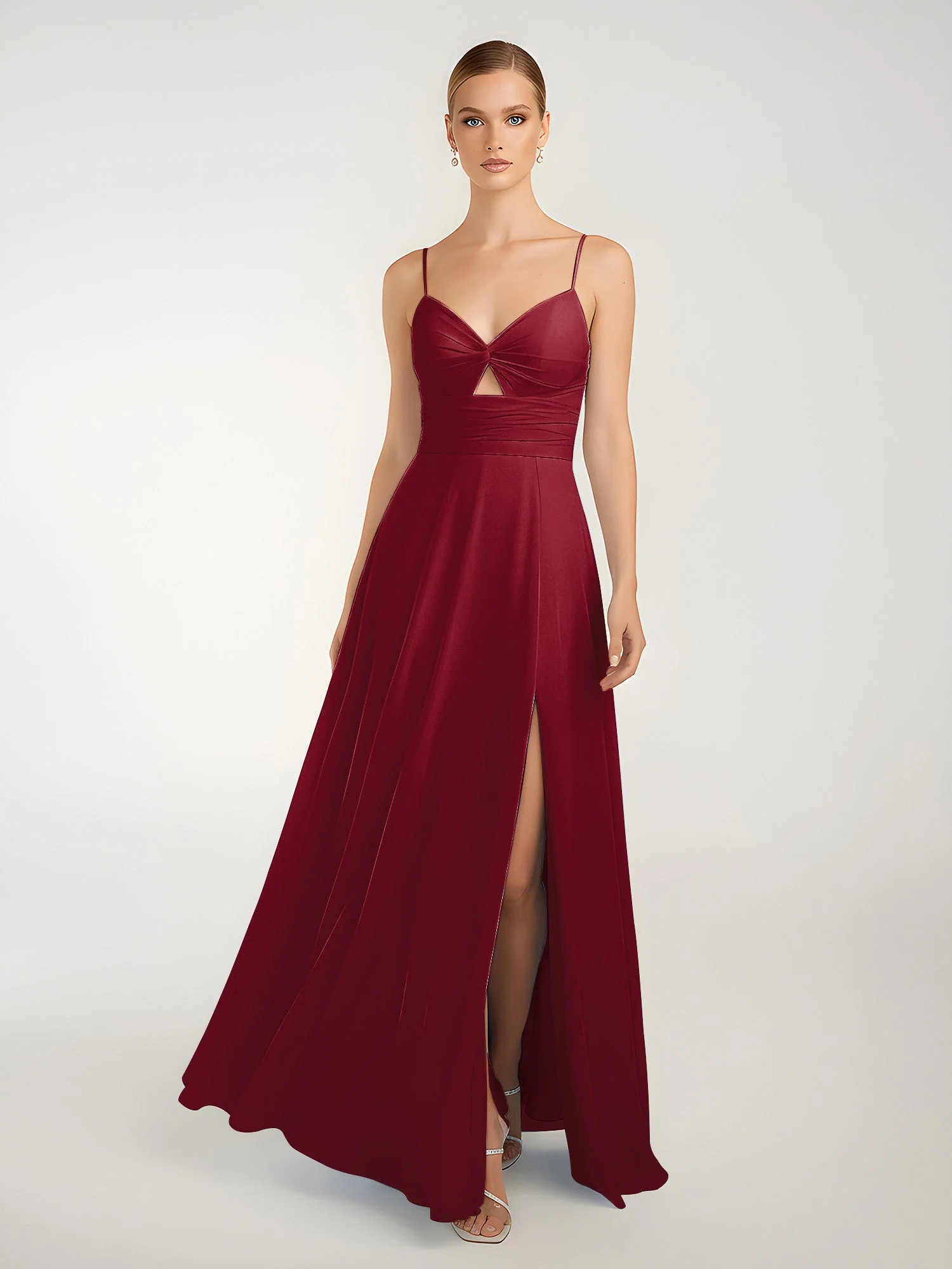 Chiffon A-Linie Gekreuzte Träger Kleid mit Schlitz Burgunderrot - Image 3
