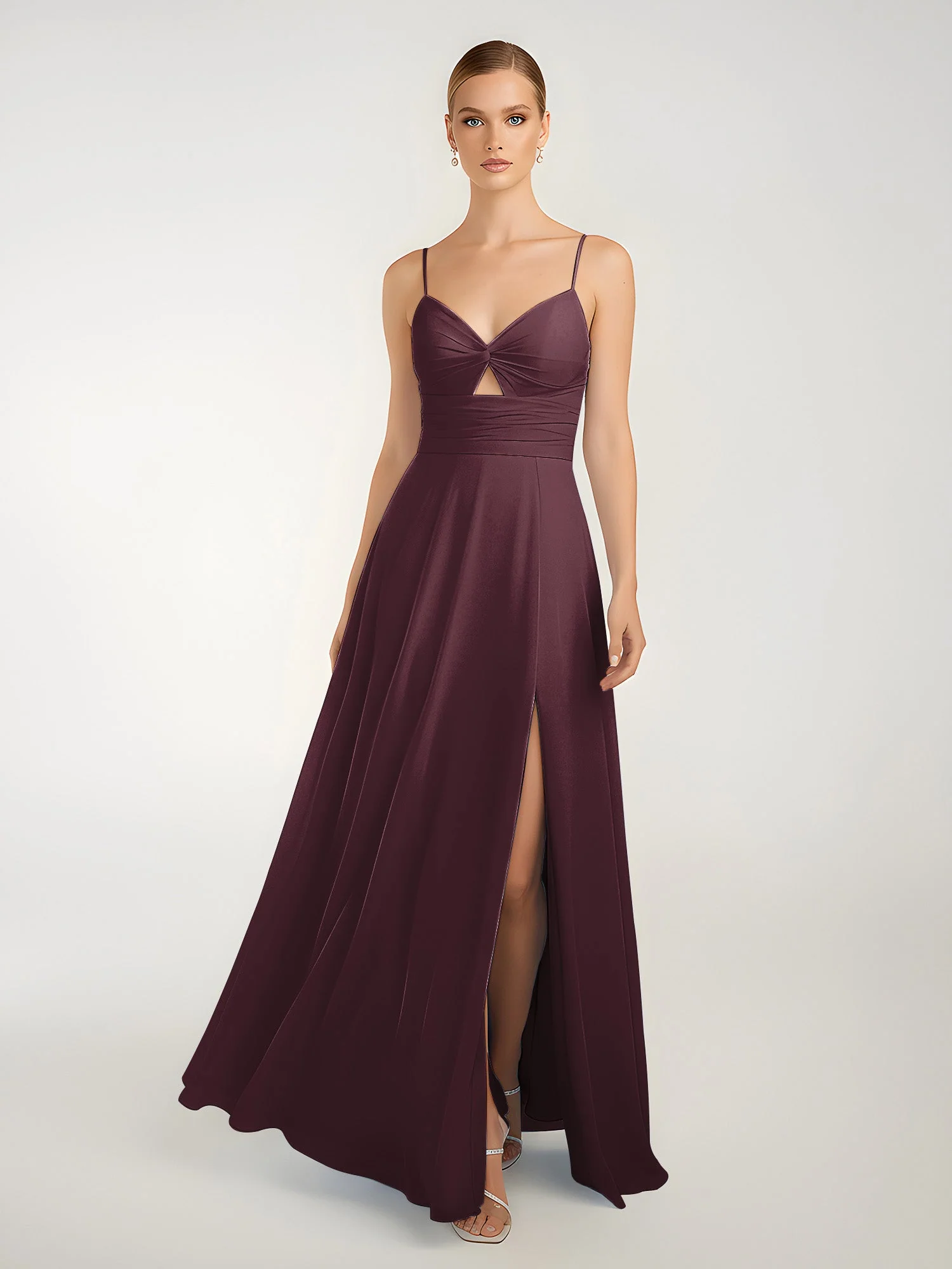 Chiffon A-Linie Gekreuzte Träger Kleid mit Schlitz Cabernet - Image 3
