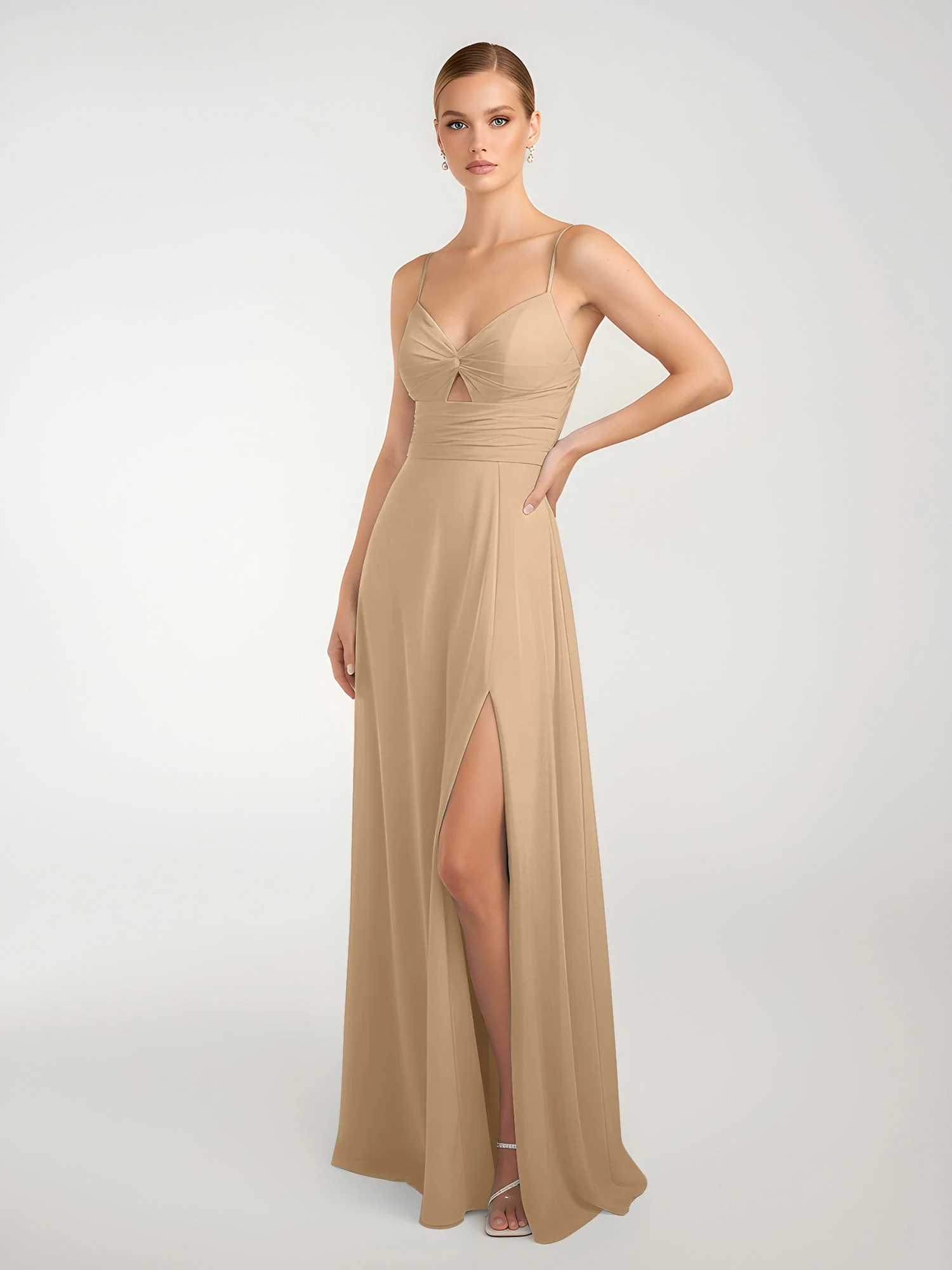 Chiffon A-Linie Gekreuzte Träger Kleid mit Schlitz Champagner