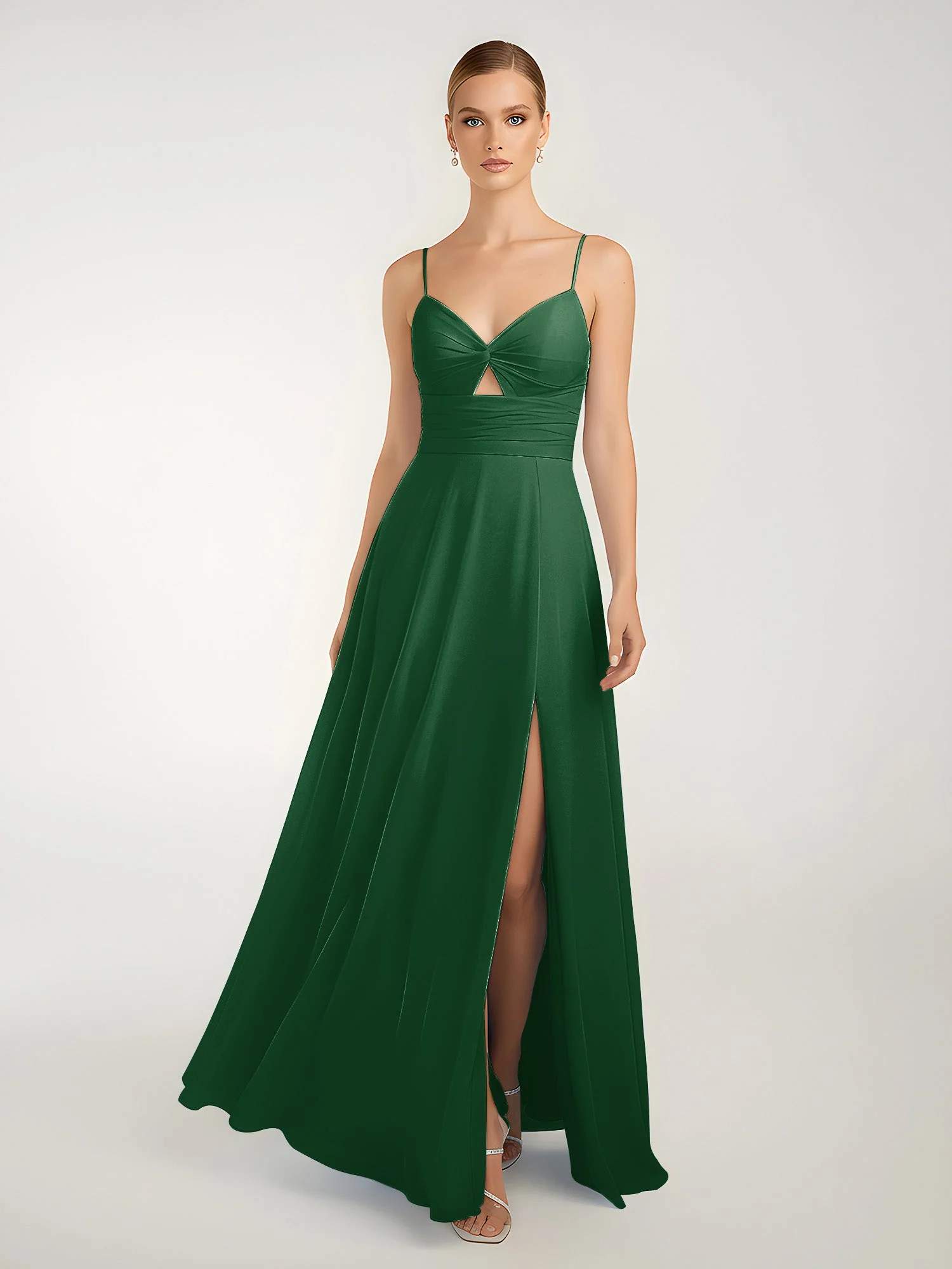 Chiffon A-Linie Gekreuzte Träger Kleid mit Schlitz Dunkelgrün - Image 3